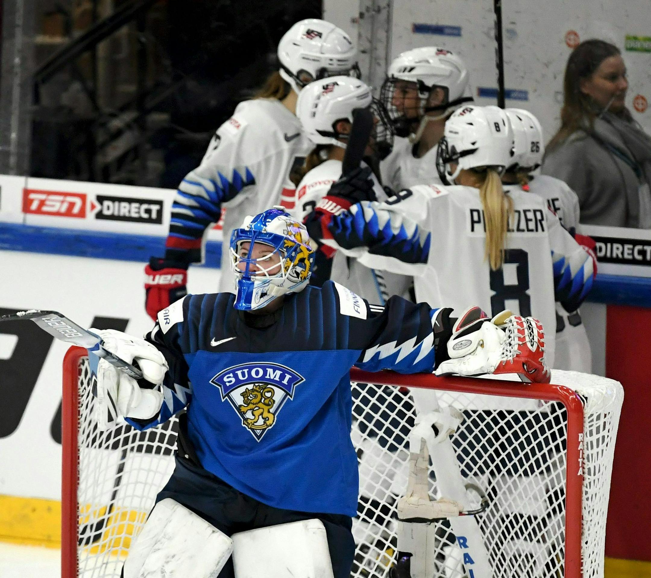 Goalkeeper Noora Raty of Finland reacts after Team USA scored a goal during the 2019 IIHF Women's World Championships preliminary match between Finland and USA in Espoo, Finland, Thursday, April 4, 2019. (Antti Aimo-Koivisto/Lehtikuva via AP)