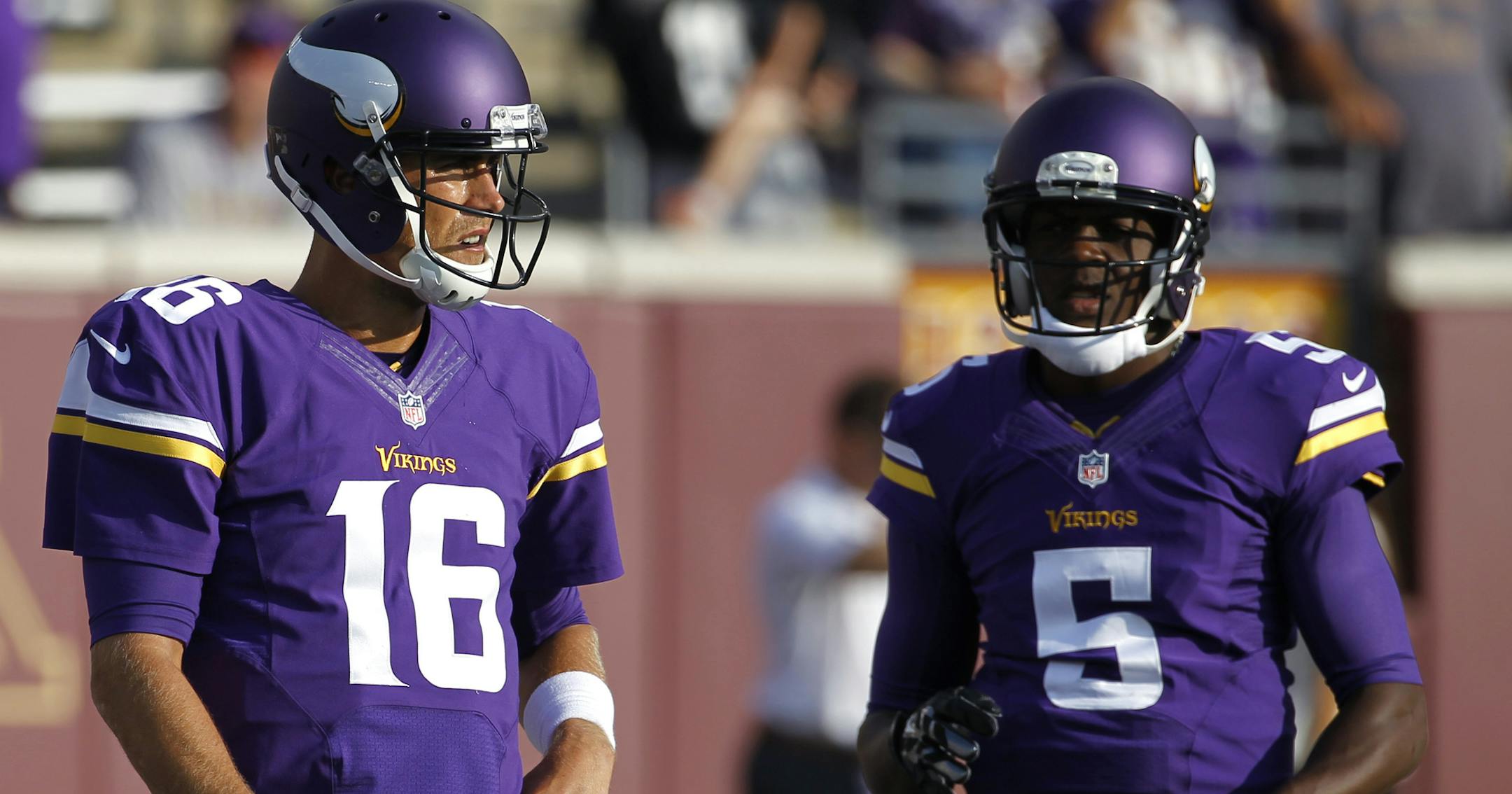 Matt Cassel, left, will start the season opener, with first-round pick Teddy Bridgewater backing him up.