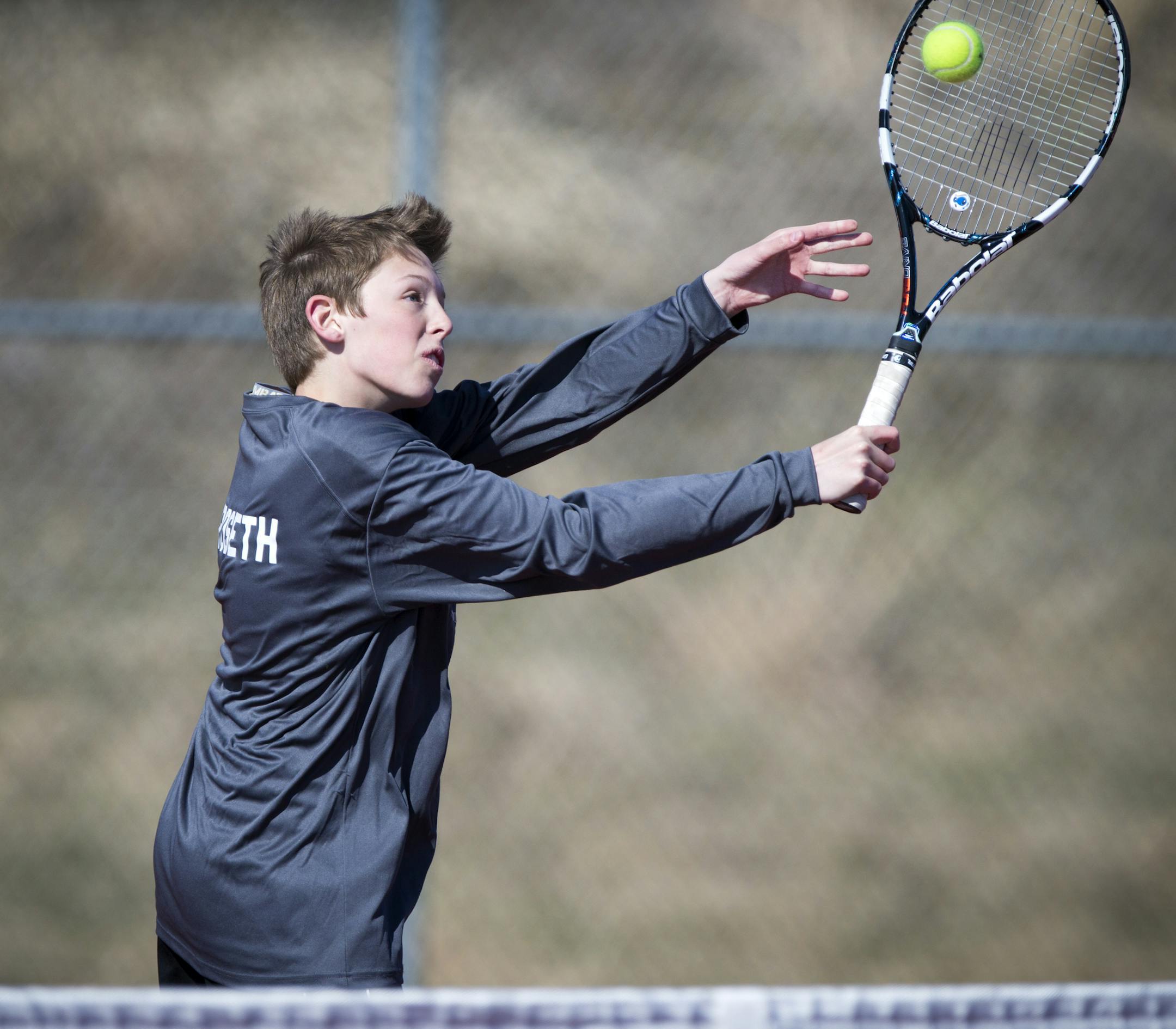 Lakeville South tennis player Hunter Roseth hit the ball during a match against Northfield on Monday, April 11, 2016 in Lakeville, Minn. ] RENEE JONES SCHNEIDER * reneejones@startribune.com