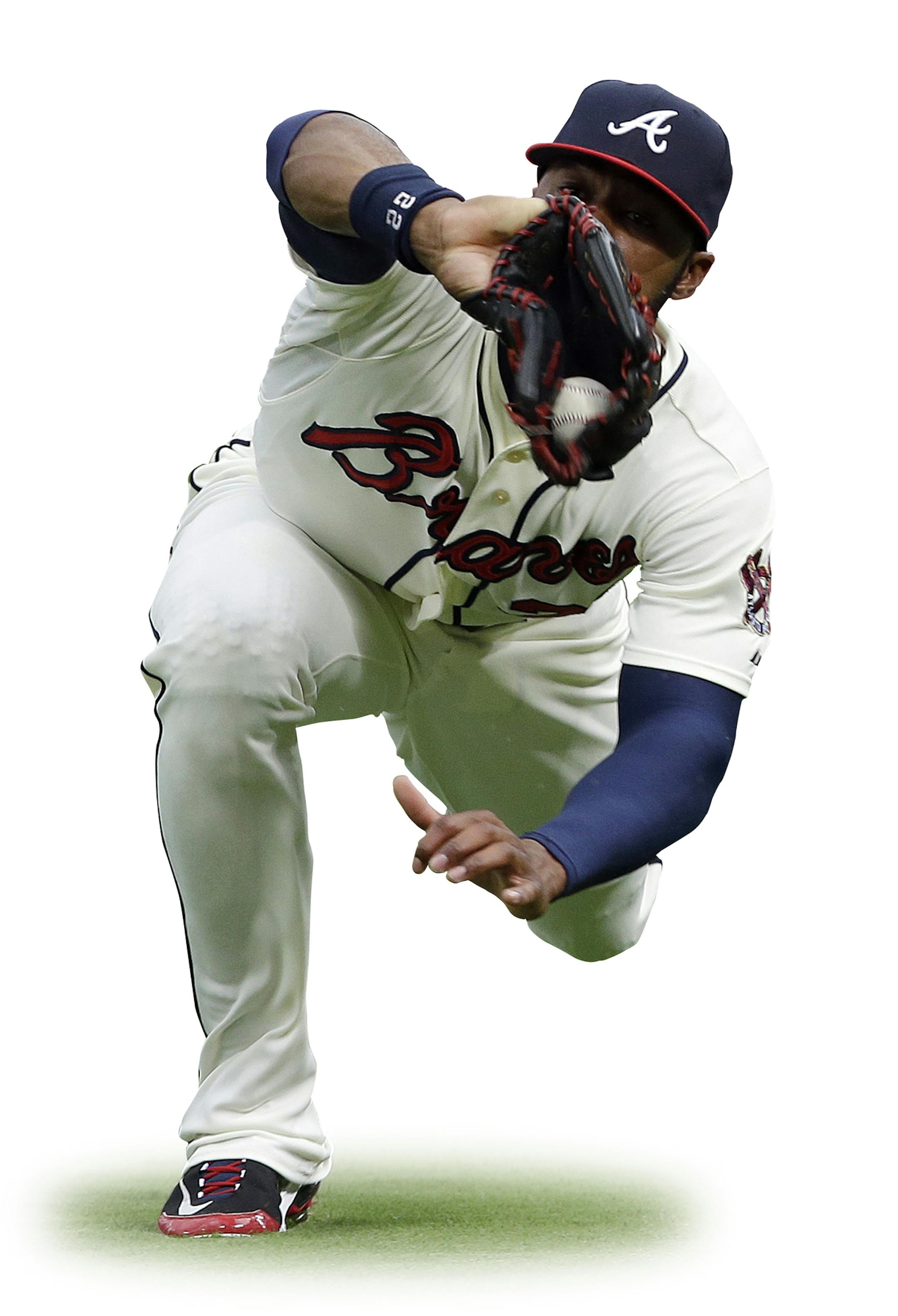 Atlanta Braves right fielder Jason Heyward makes a diving catch to retire Miami Marlins' Adeiny Hechavarria in the first inning of a baseball game in Atlanta, Saturday, Aug. 10, 2013. (AP Photo/John Bazemore) ORG XMIT: GAJB101