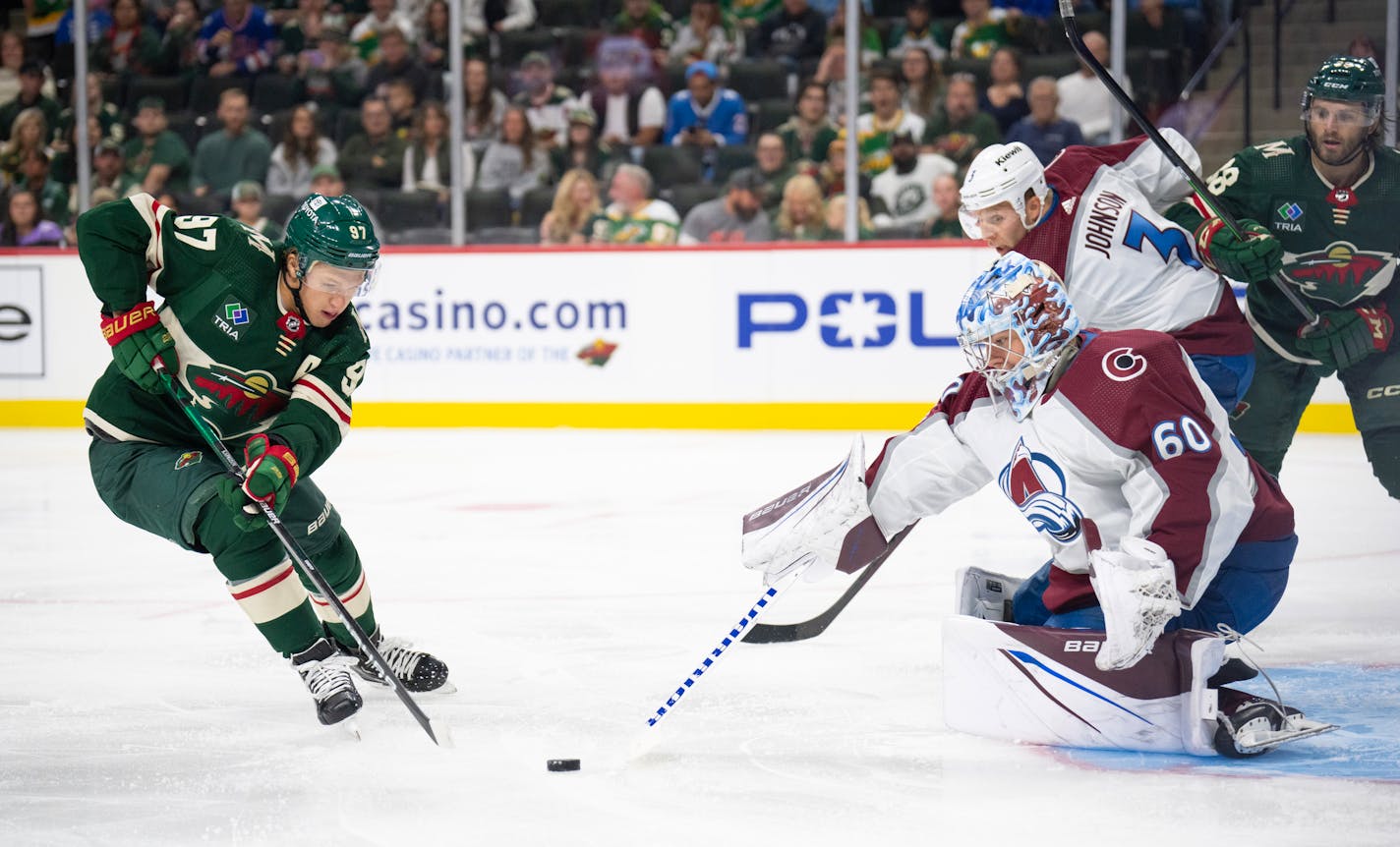 Wild left wing Kirill Kaprizov reached for his own rebound before he spun around and and scored on Avalanche goaltender Justus Annunen early in the first period Thursday in St. Paul.