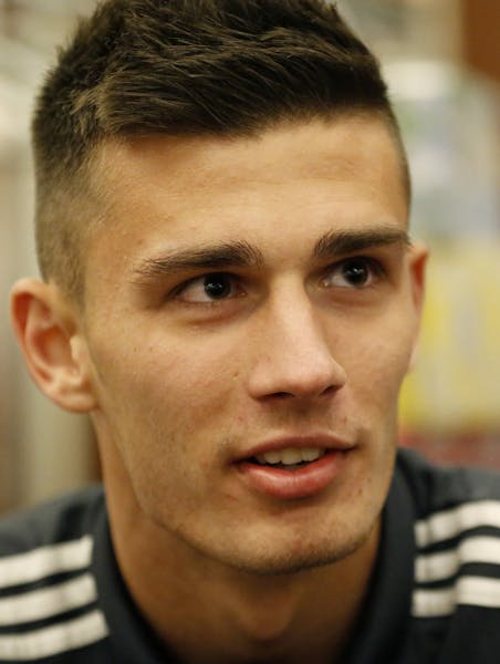New York Red Bulls defender Matt Miazga of Clifton, N.J., speaks to reporters during the team's media day in New York, Tuesday, March 3, 2015. (AP Pho