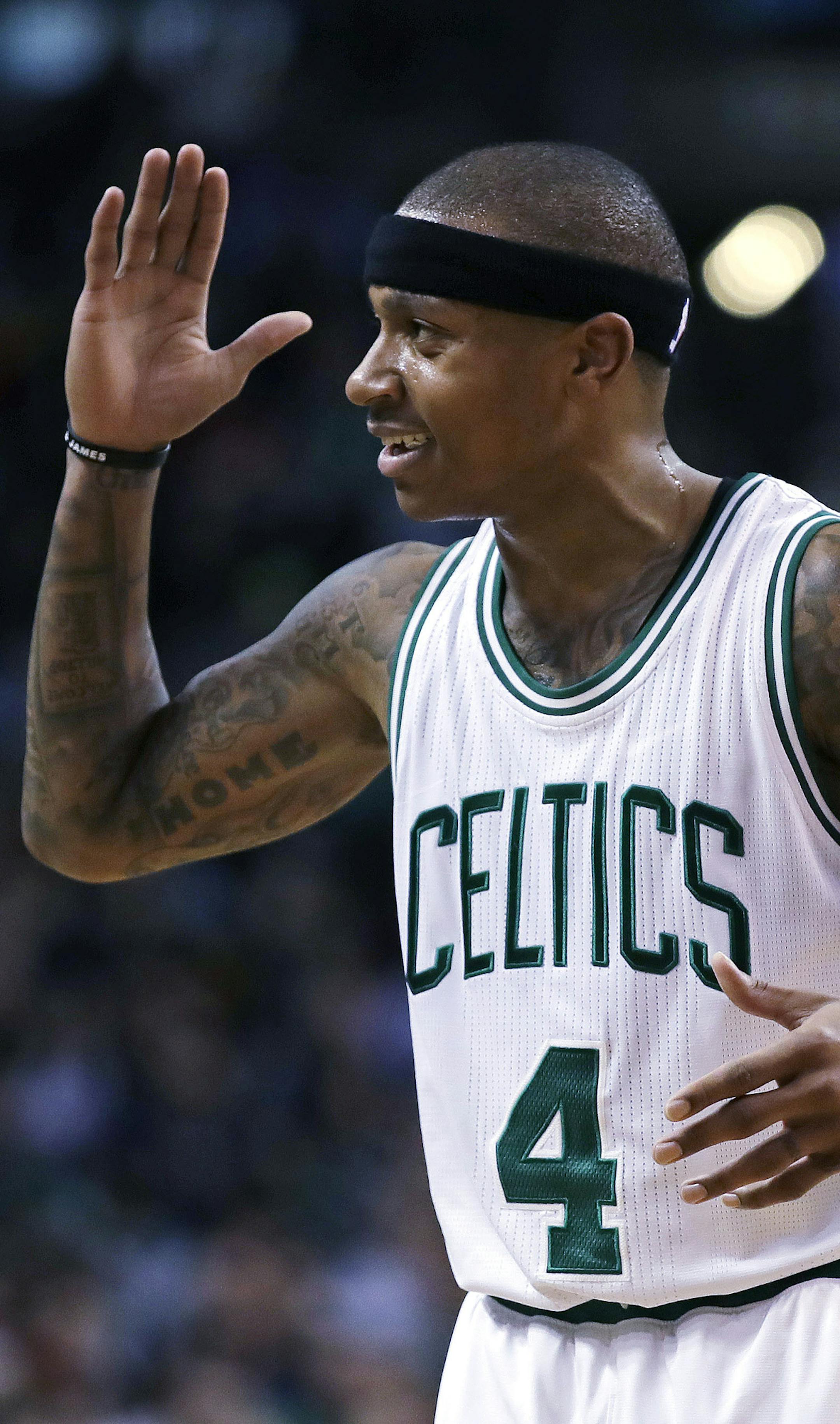 Boston Celtics guard Isaiah Thomas gestures during the second half of the team's NBA basketball game against the Toronto Raptors in Boston, Wednesday, Feb. 1, 2017. Thomas scored 44 points as the Celtics defeated the Raptors 109-104. (AP Photo/Charles Krupa)