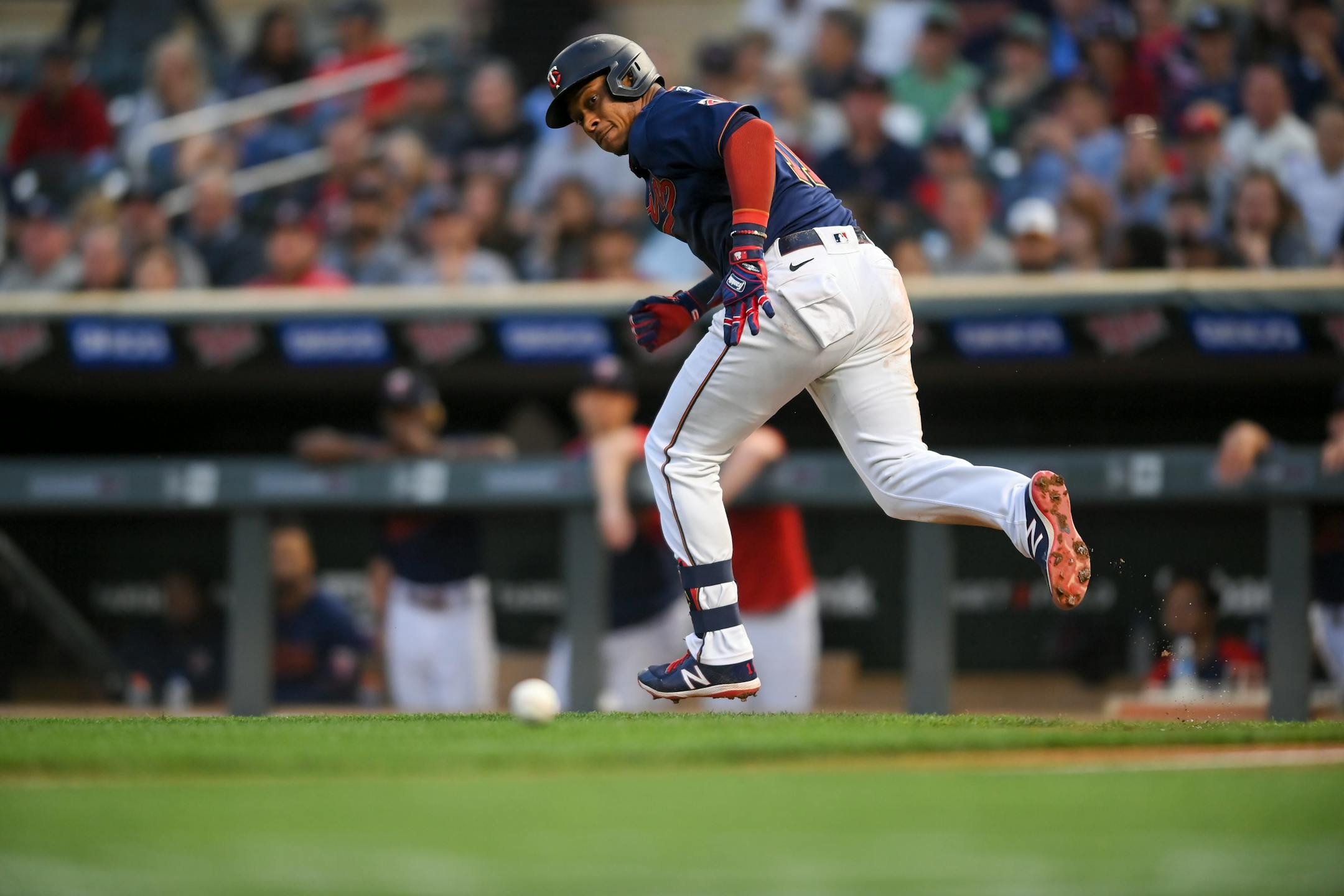 Minnesota Twins shortstop Jorge Polanco (11) reached first base on a soft bunt to Detroit Tigers starting pitcher Tarik Skubal (29) in the bottom of the sixth inning.
