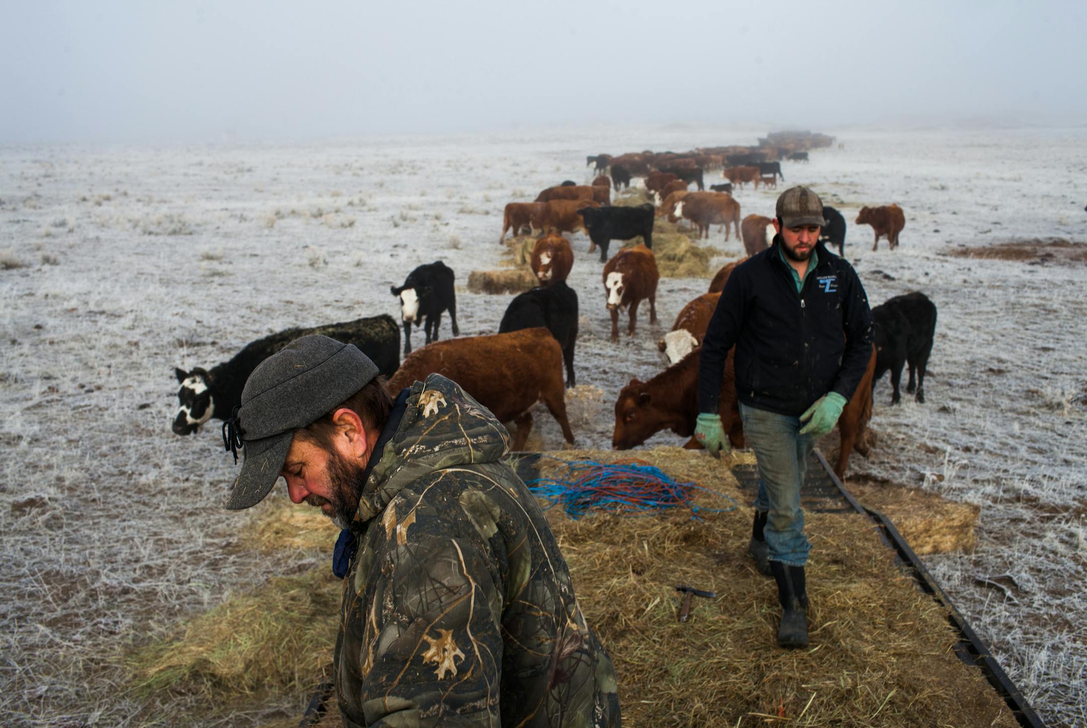 Andy Dunbar, left, and his son Tucker feed cattle on their ranch near the Malheur National Wildlife Refuge in Oregon, Jan. 26, 2016. Far from uniting residents around a common cause, the antigovernment occupation at Malheur has dissolved neighborly ties and exposed divisions between those who support federal regulation of public land and others who bristle at Washington’s sway. (Jarod Opperman/The New York Times)