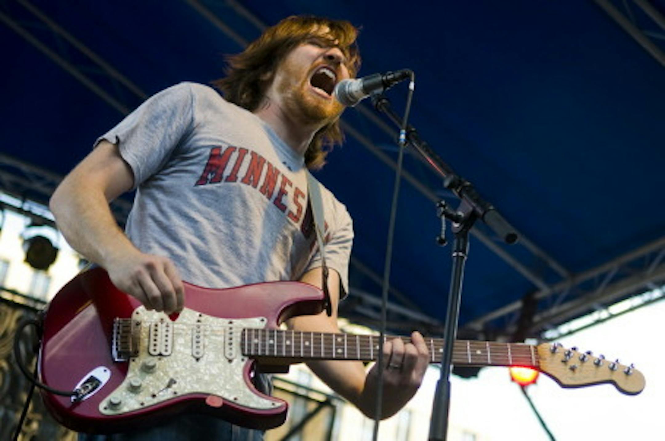 Tapes 'N Tapes leader Josh Grier played a few of their new songs at the Lowertown Music Fest in July. / Photo by Brendan Sullivan, Star Tribune