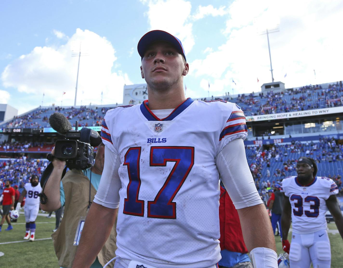 Buffalo Bills quarterback Josh Allen looks around the field after an NFL football game against the Los Angeles Chargers, Sunday, Sept. 16, 2018, in Orchard Park, N.Y. The Chargers defeated the Bills 31-20. (AP Photo/Rich Barnes) ORG XMIT: NYOTK