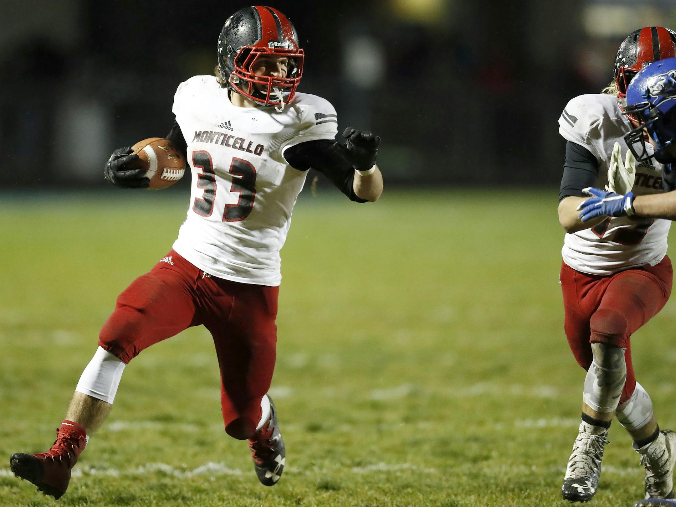 Monticello running back Ryder Beckman (33) during a run in the fourth quarter. ] CARLOS GONZALEZ cgonzalez@startribune.com - October 24, 2016, Rogers, MN, High School Prep Football section quarterfinal, Monticello at Rogers