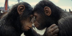 Soona (played by Lydia Peckham, left) and Noa (played by Owen Teague) in "Kingdom of the Planet of the Apes."