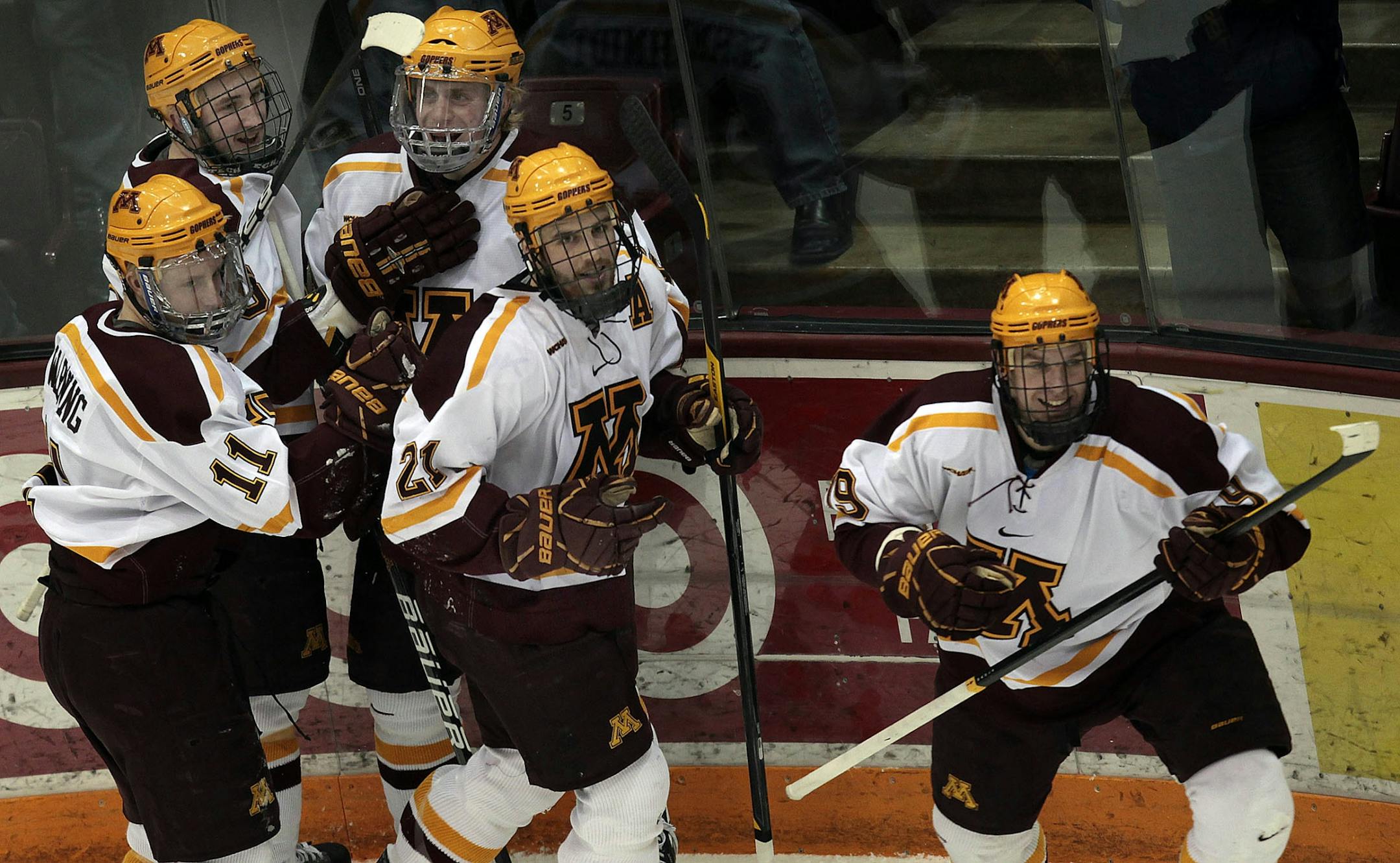 Minnesota's Erik Haula (right) and teammates celebrated his second goal against Alaska Anchorage last week. Haula will play in his first Final Five this weekend.