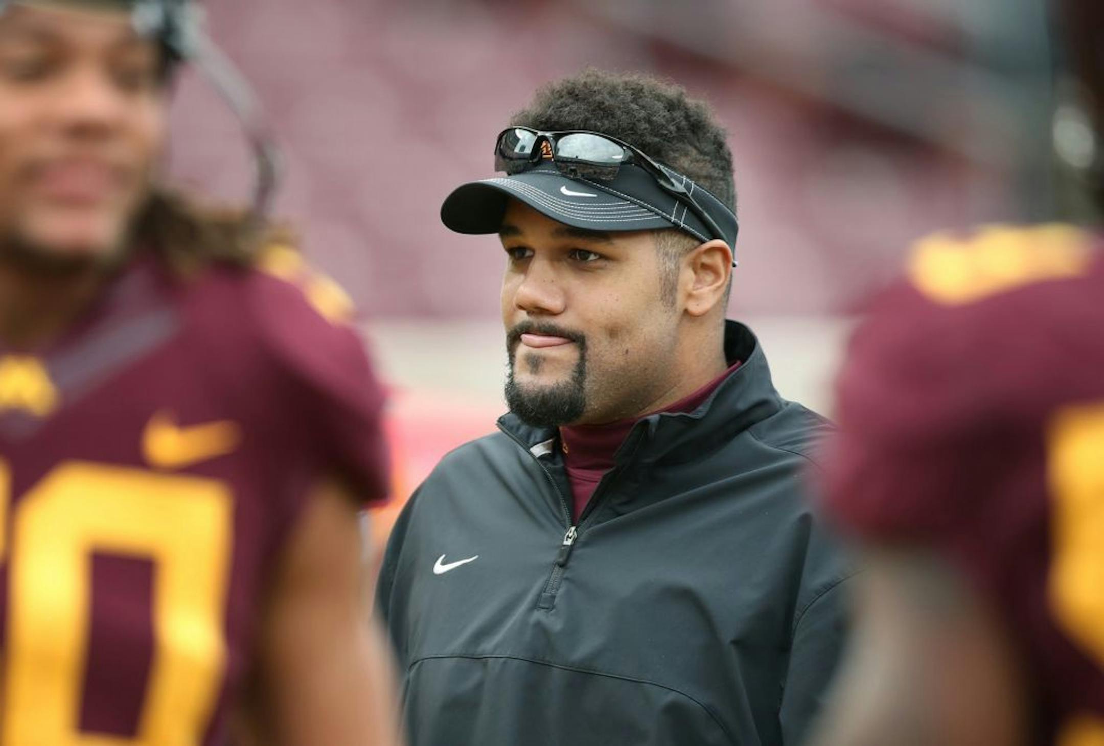 Minnesota's Linebackers coach Mike Sherels was on the field for warm-up before Minnesota took on the Iowa Hawkeyes at TCF Bank Stadium, Saturday, October 8, 2016 in Minneapolis, MN.
