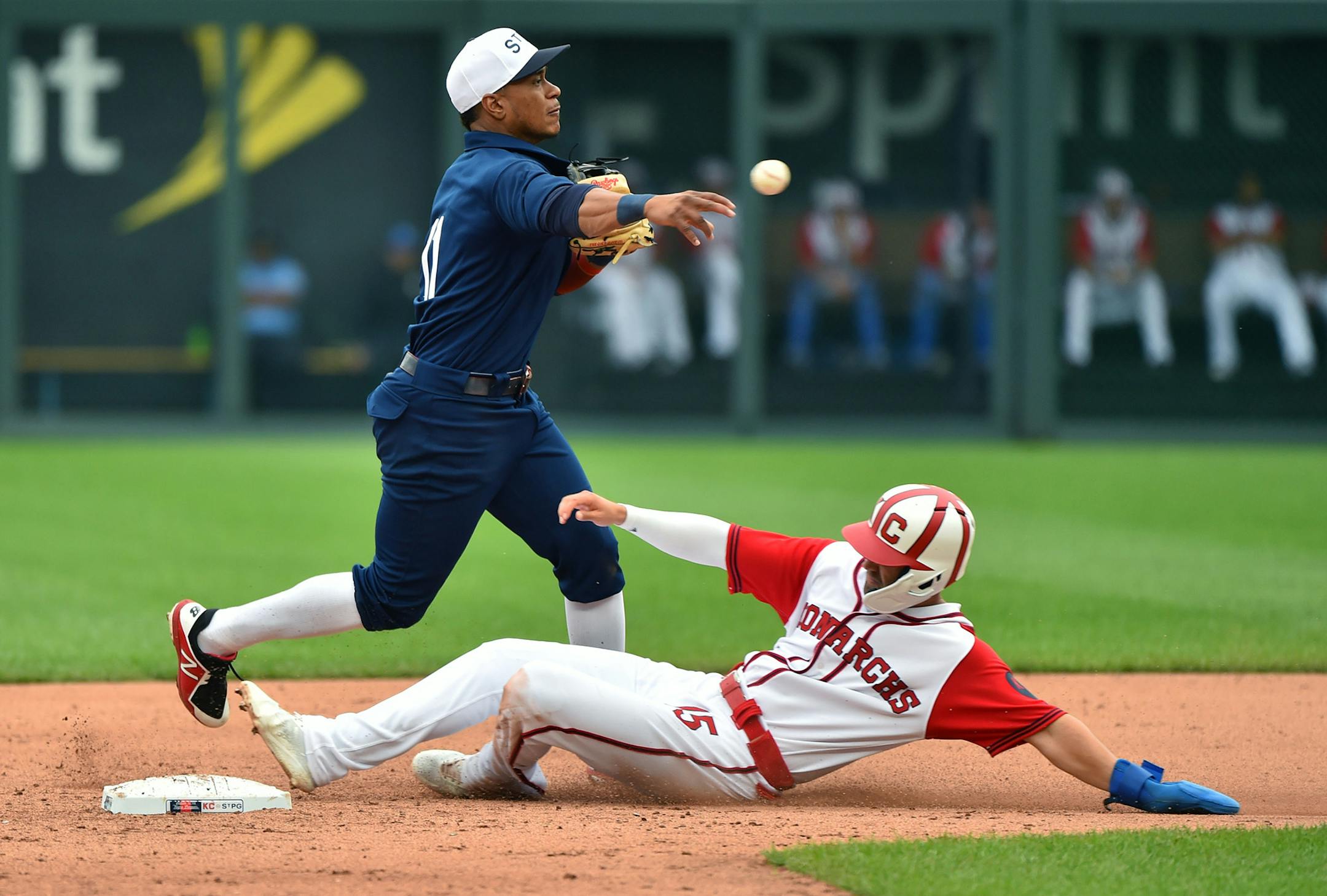 Second baseman Jorge Polanco (11) of the Minnesota Twins gets the force out on Whit Merrifield (15) of the Kansas City Royals as he throws to first in the seventh inning on Sunday, June 23, 2019 at Kauffman Stadium in Kansas City, Mo. (Ed Zurga/Getty Images/TNS)