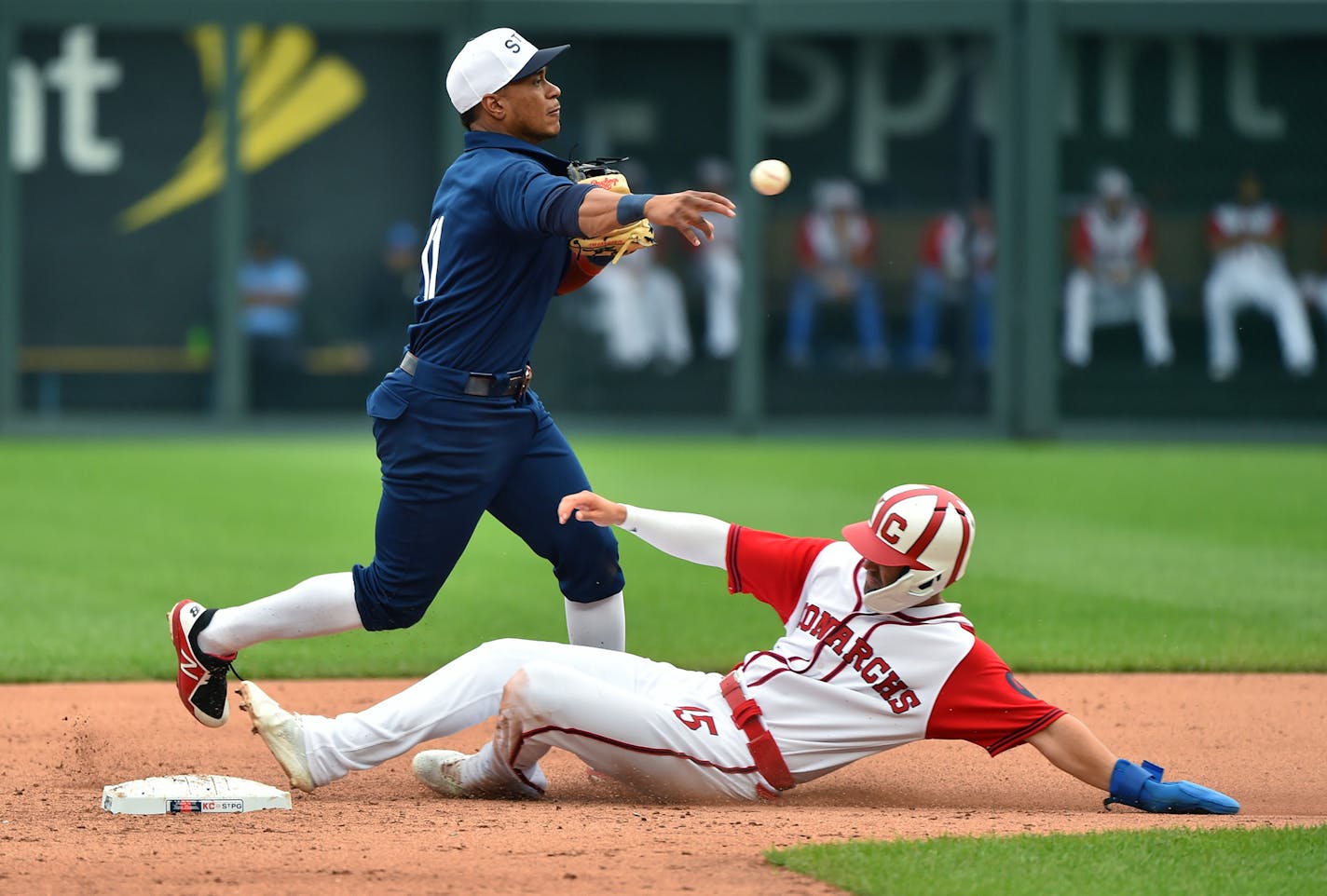 Second baseman Jorge Polanco (11) of the Minnesota Twins gets the force out on Whit Merrifield (15) of the Kansas City Royals as he throws to first in the seventh inning on Sunday, June 23, 2019 at Kauffman Stadium in Kansas City, Mo. (Ed Zurga/Getty Images/TNS)