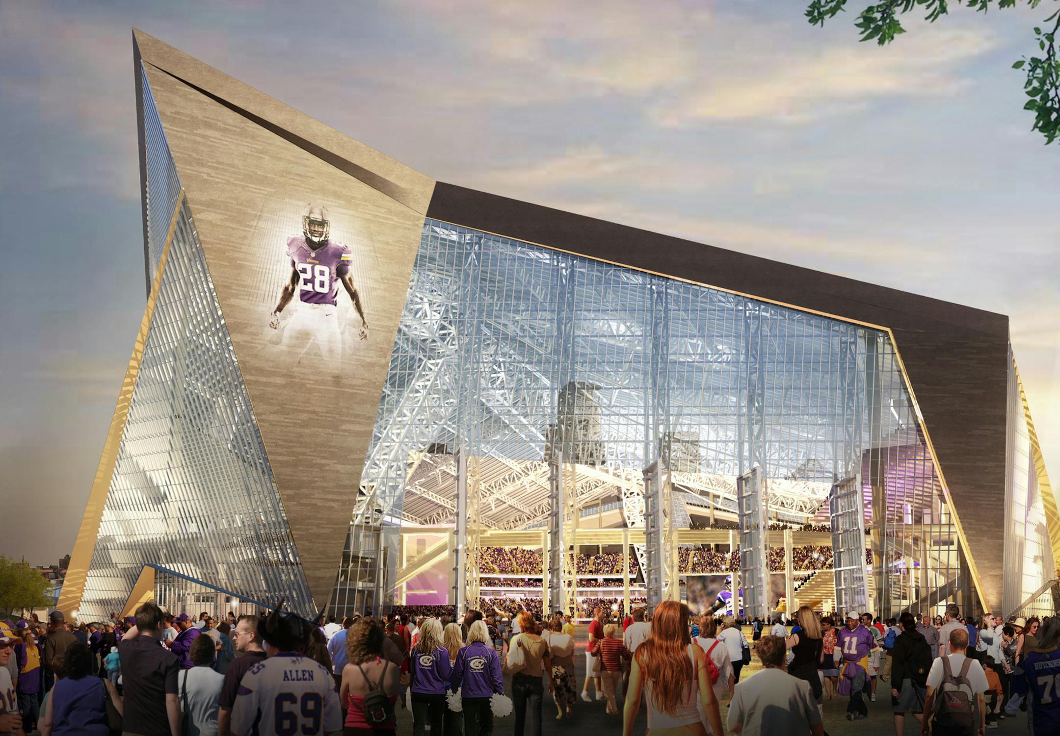 This architect&#x2019;s rendering of the new stadium shows a wall of glass at the west end looking toward downtown Minneapolis.