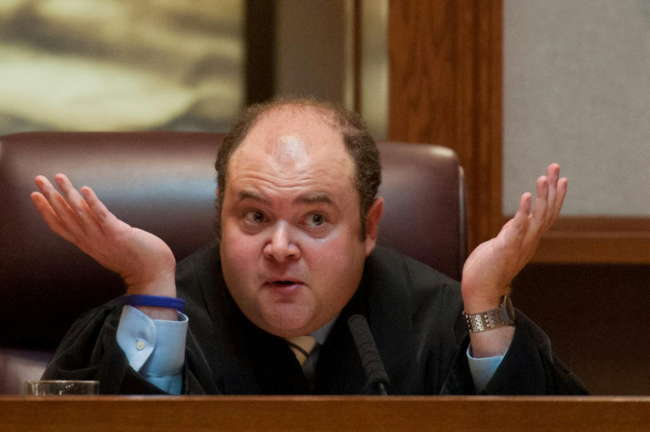 Minnesota Supreme Court Justice David Stras gestured while speaking Tuesday during arguments on the voter ID ballot question.