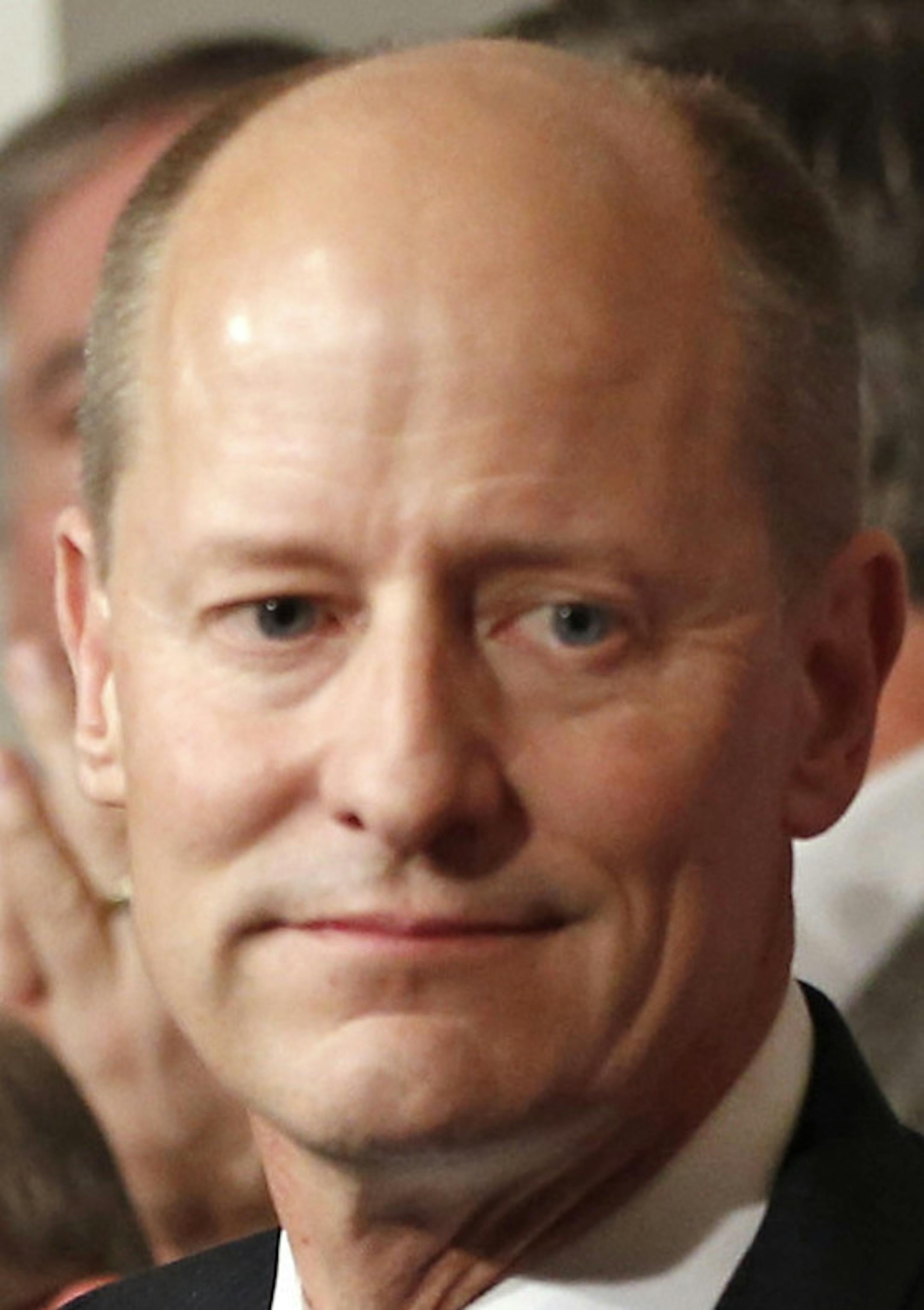 State Senate Majority Leader Paul Gazelka, center, is applauded by his fellow Republican Senate members, as he prepares to address the media after he was elected, Thursday, Nov. 10, 2016, at the State Capitol in St. Paul, Minn.(AP Photo/Jim Mone)