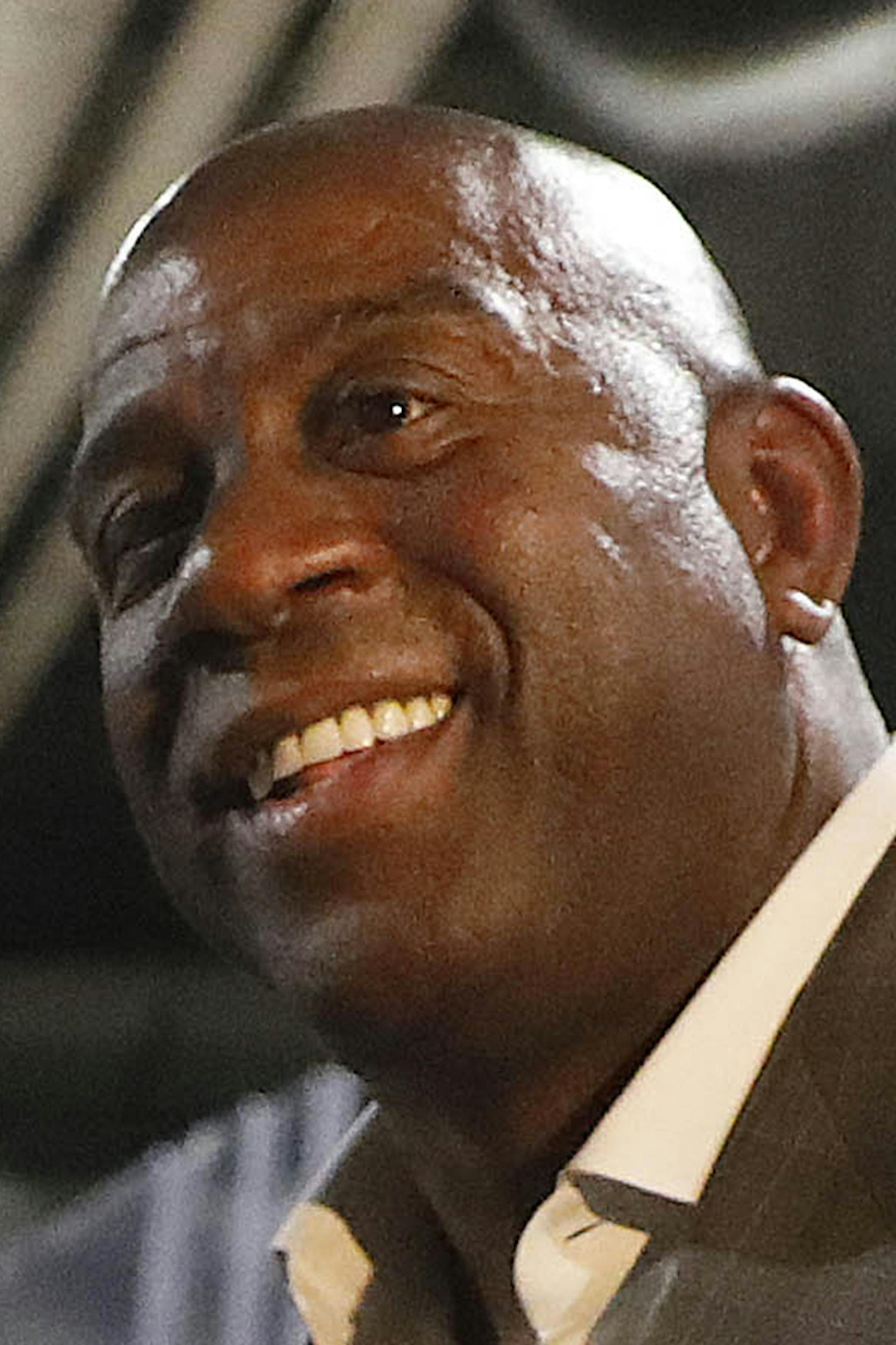 Earvin "Magic" Johnson steps down as the Los Angeles Lakers' president of basketball operations at Staples Center in Los Angeles on Tuesday, April 9, 2019. (Gary Coronado/Los Angeles Times/TNS)