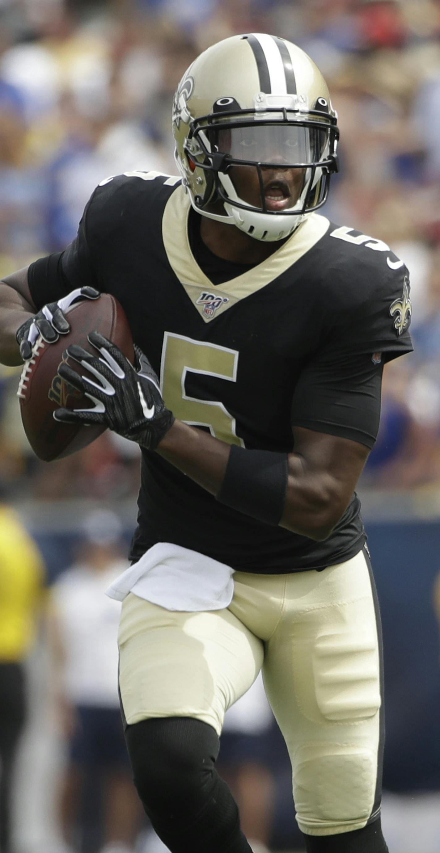 New Orleans Saints quarterback Teddy Bridgewater runs against the Los Angeles Rams during the first half of an NFL football game Sunday, Sept. 15, 2019, in Los Angeles. (AP Photo/Marcio Jose Sanchez) ORG XMIT: OTKCC2707