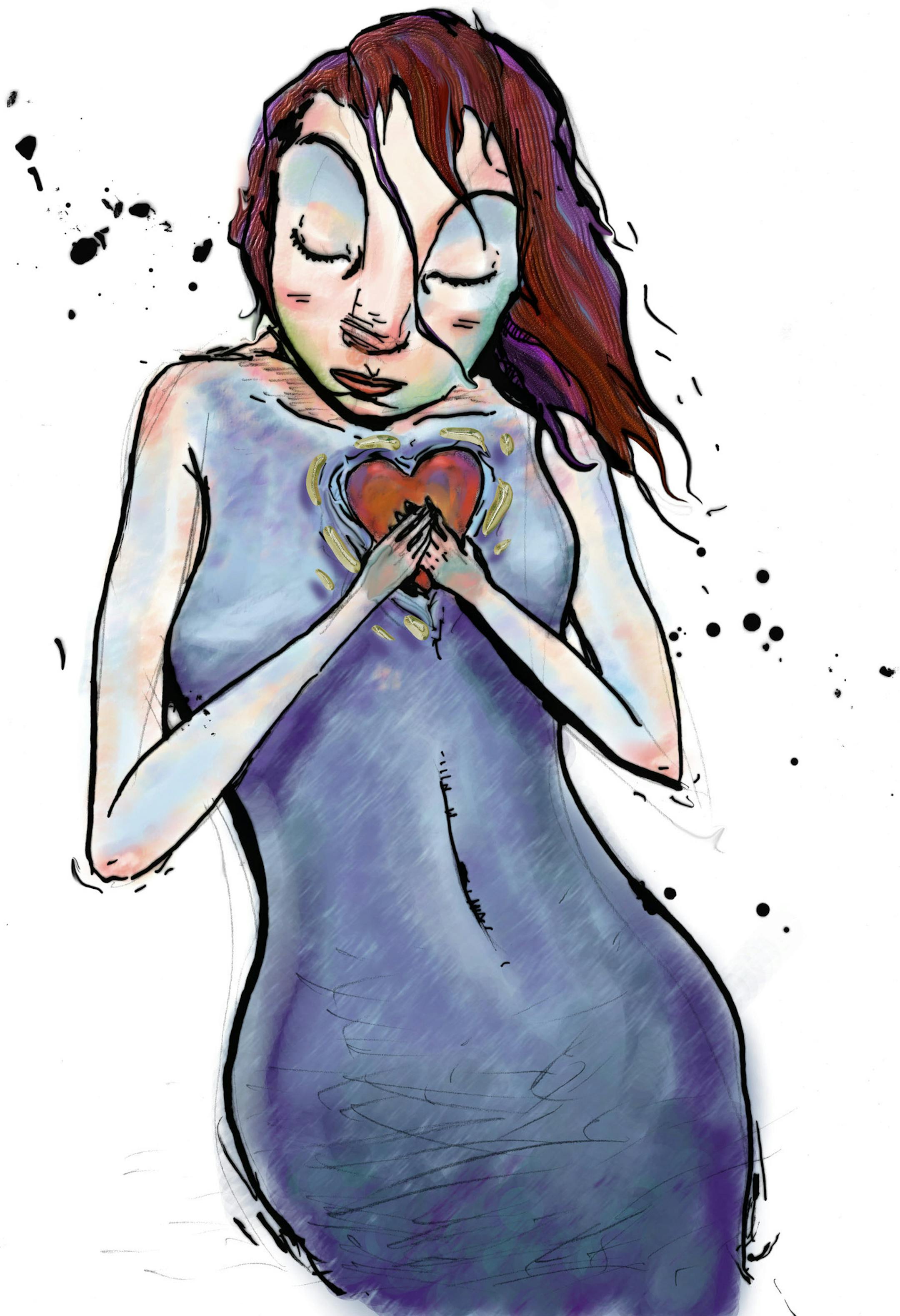 200 dpi 54p x 79p Hector Casanova color illustration of a downcast woman holding a radiating heart over her chest. For stories about fats and their danger to your heart, heartbreak, love, etc. The Kansas City Star 2000