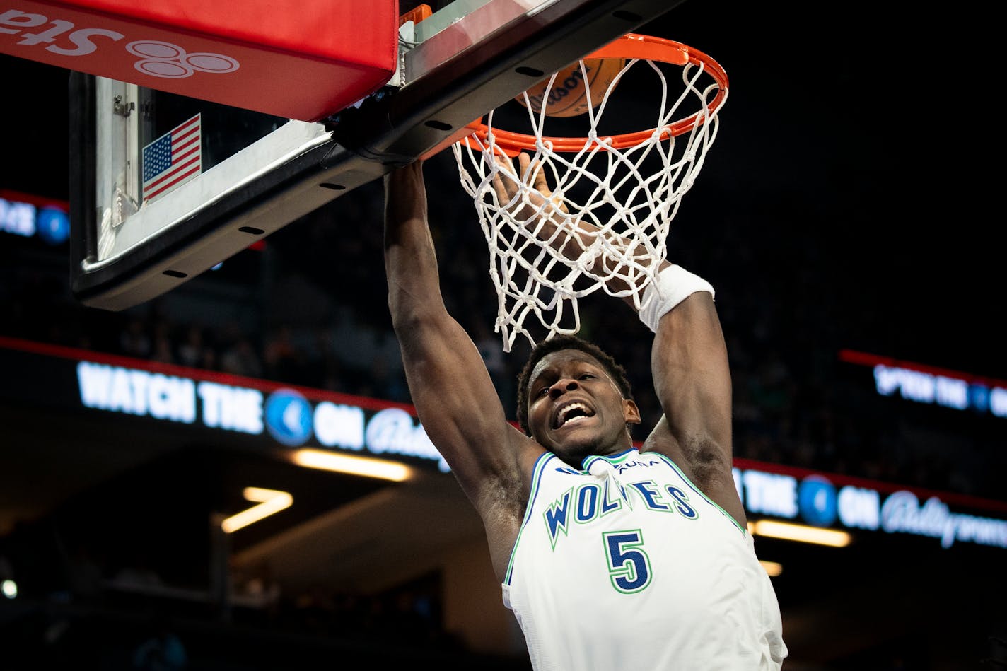 Anthony Edwards dunks the ball for two of his 37 points against the Pacers on Saturday night at Target Center.