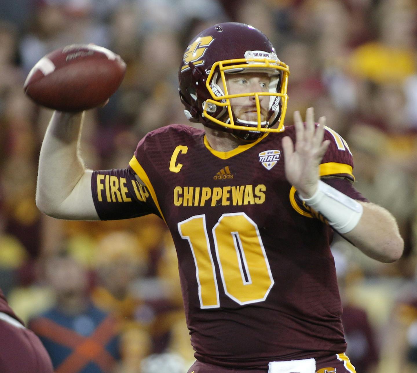 Central Michigan quarterback Cooper Rush throws a pass against Oklahoma State during the second quarter of an NCAA college football game, Thursday, Sept. 3, 2015, in Mount Pleasant, Mich.