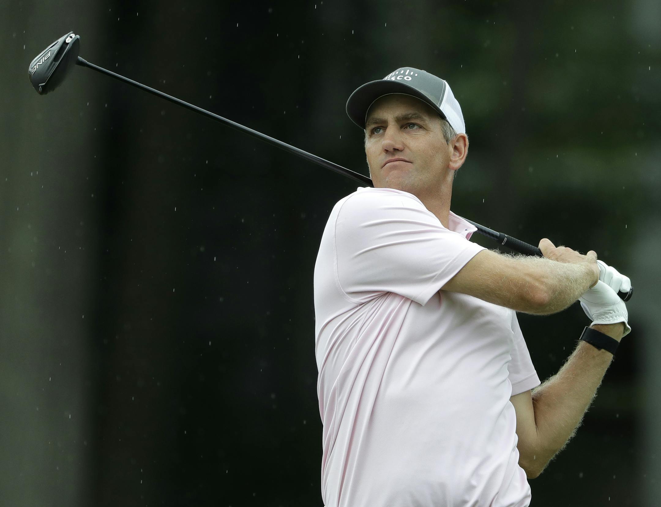 Brendon Todd tees off on the 18th hole during the third round of the Travelers Championship golf tournament at TPC River Highlands, Saturday, June 27, 2020, in Cromwell, Conn. (AP Photo/Frank Franklin II)