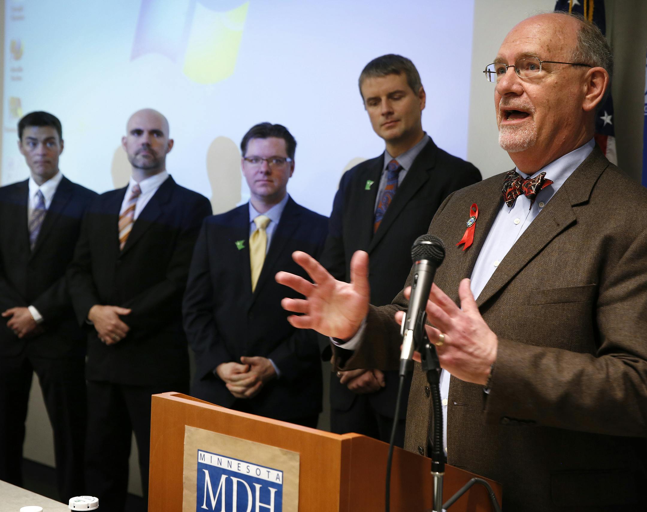 Dr. Ed Ehlinger, commissioner of the Minnesota Department of Health announces the selection of LeafLine Labs and Minnesota Medical Solutions to become the registered manufacturers responsible for growing, processing, and distributing medical cannabis products as part of the state's new medical cannabis program. during a press conference at the Minnesota Department of Health in St. Paul on Monday, December 1, 2014. ] LEILA NAVIDI leila.navidi@startribune.com /