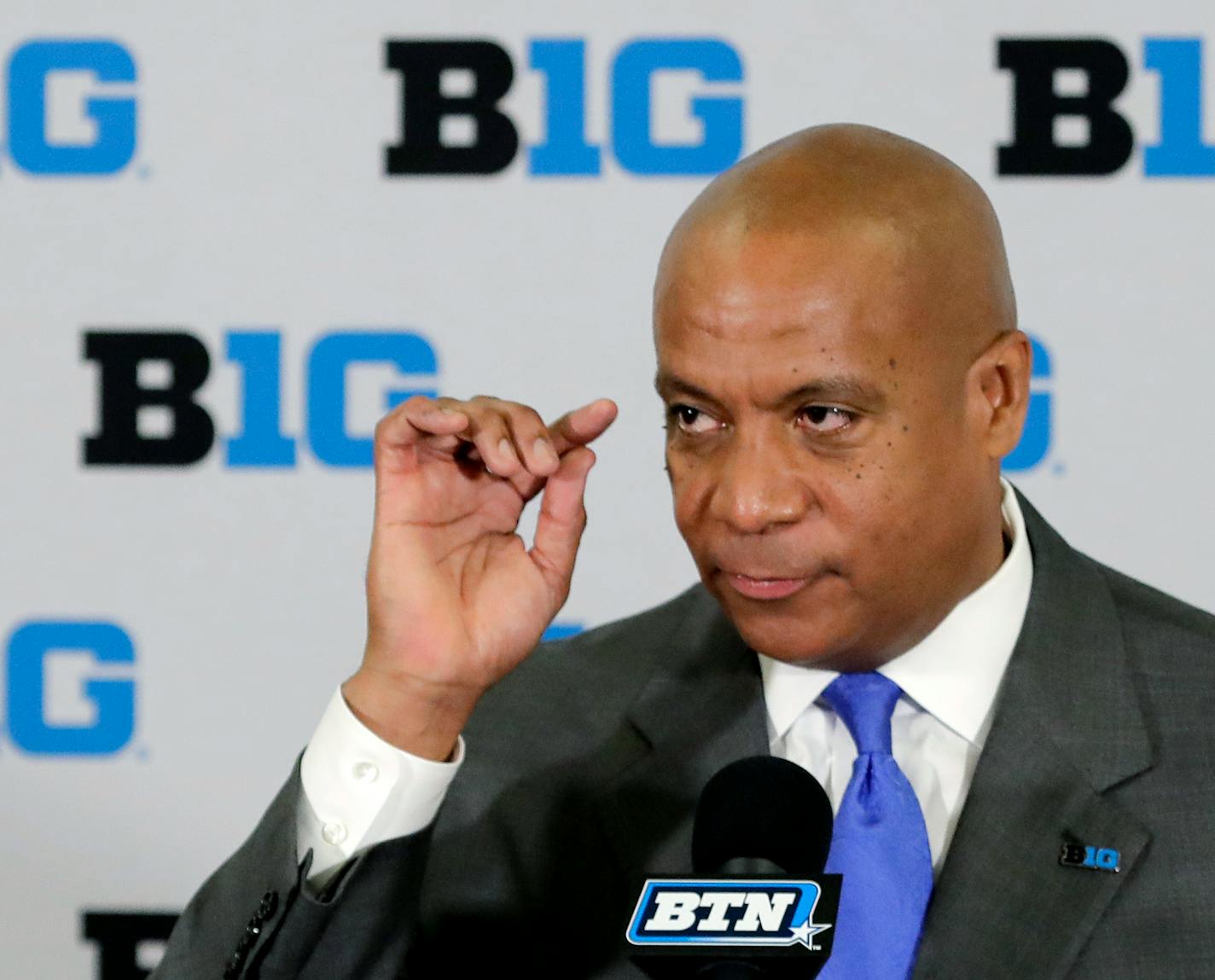 Minnesota Vikings chief operating officer Kevin Warren talks to reporters after being named Big Ten Conference Commissioner during a news conference Tuesday, June 4, 2019, in Rosemont, Ill. (AP Photo/Charles Rex Arbogast)