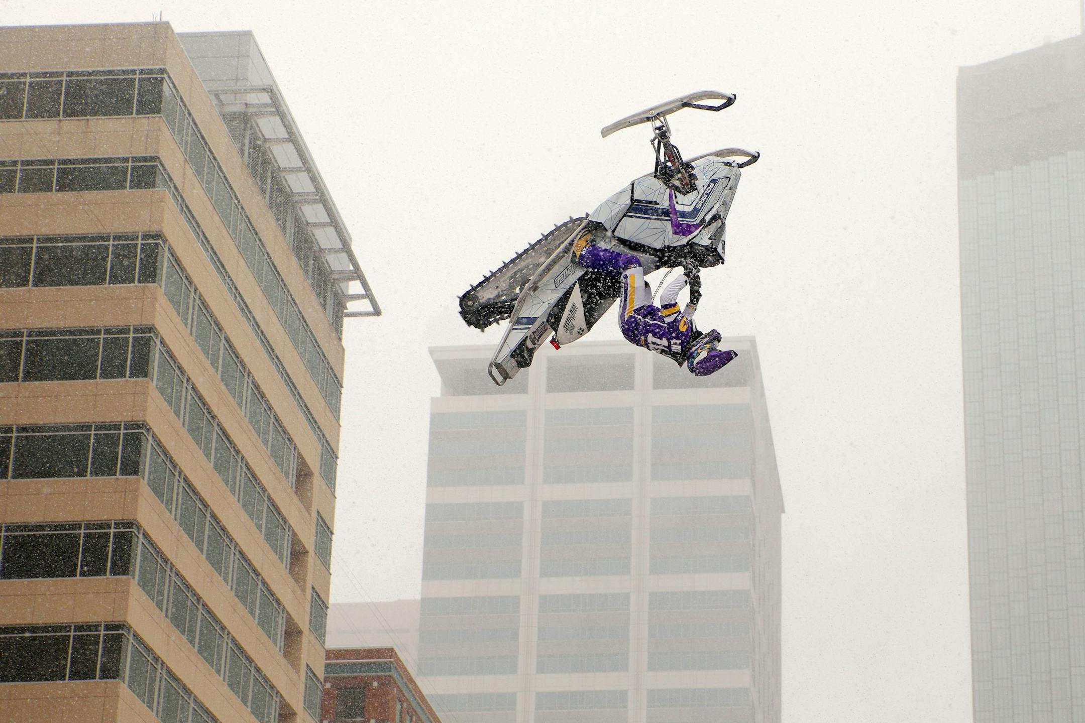 Levi LaValle leapt a snowmobile over Nicollet Mall for the Polaris UpsideDown stunt Saturday.