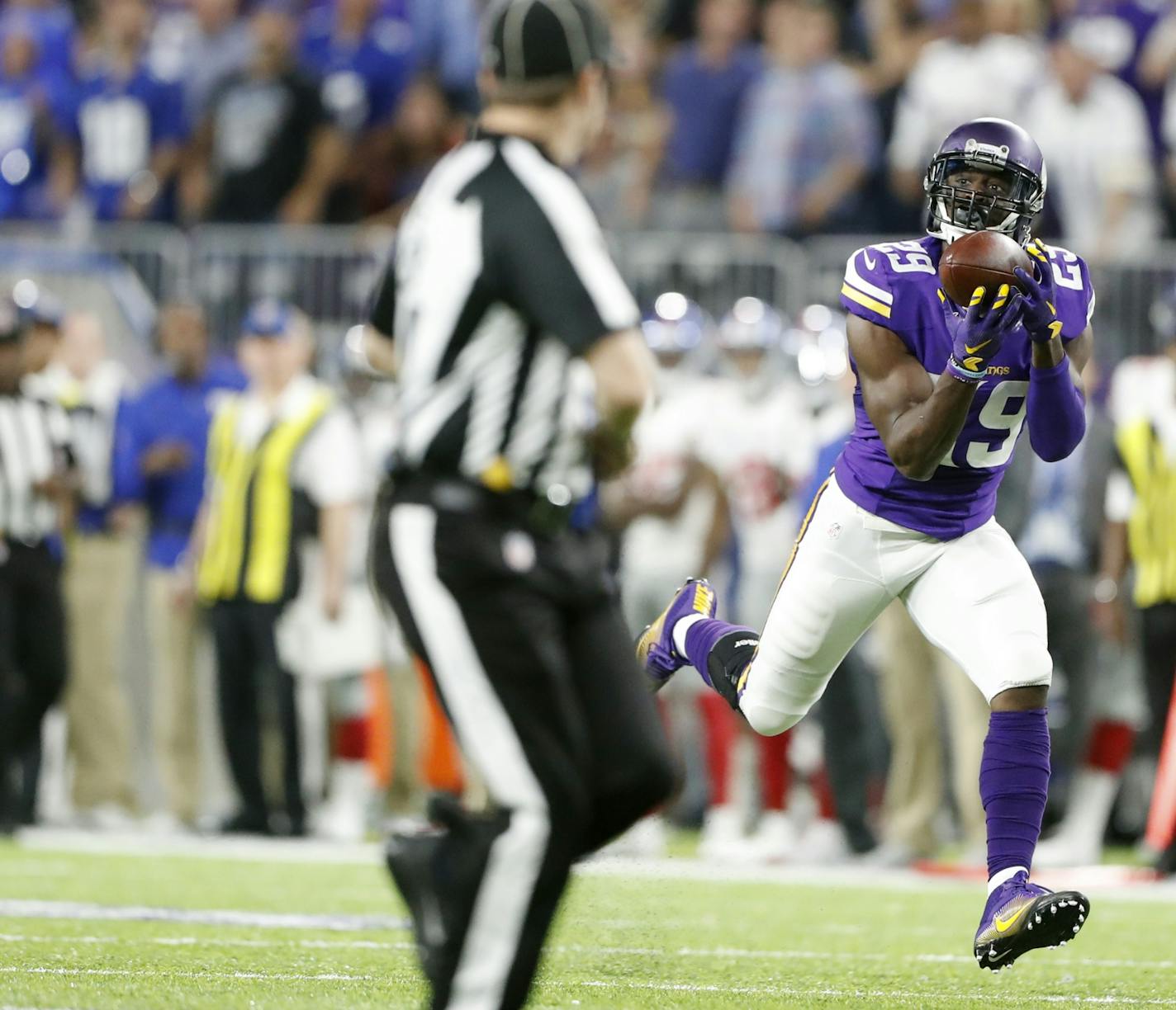 Minnesota Vikings cornerback Xavier Rhodes (29) intercepted a pass intended for New York Giants wide receiver Odell Beckham (13) in the third quarter US Bank Stadium October 3, 2016 in Minneapolis, MN.