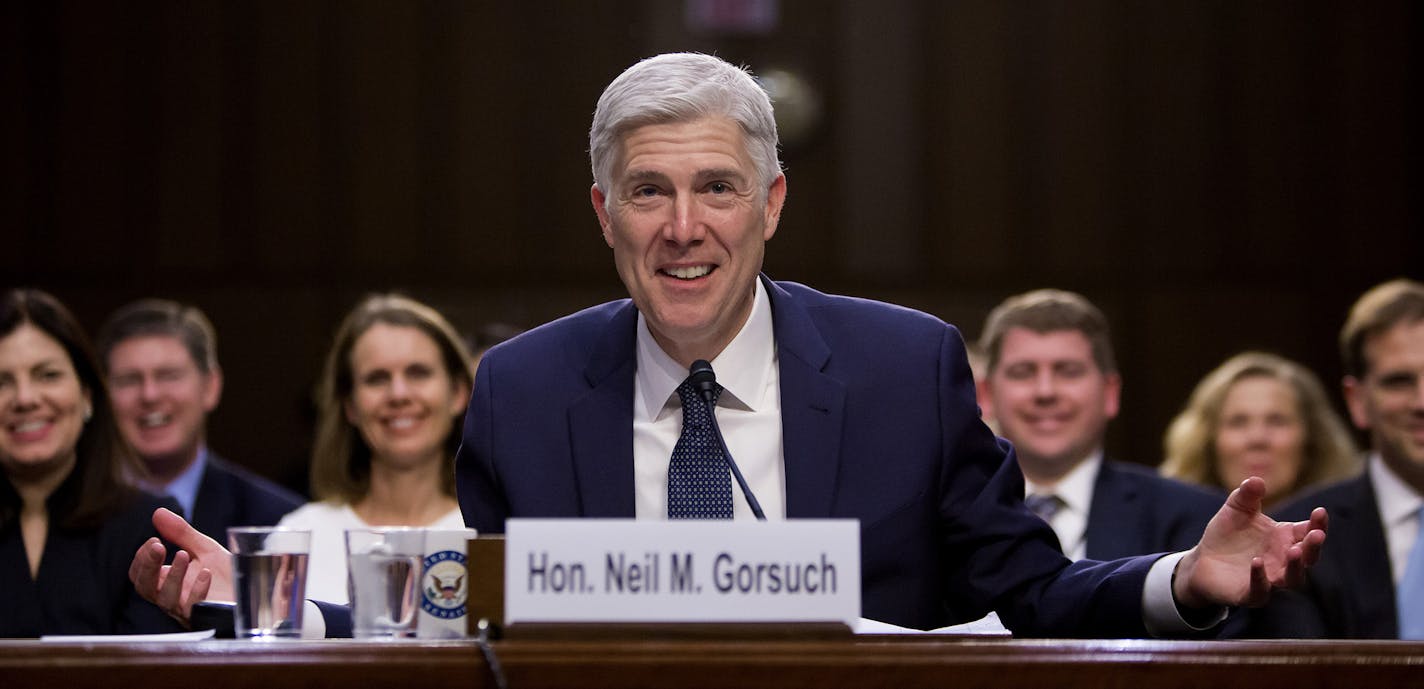 Judge Neil Gorsuch, President Trump&#xed;s nominee for the Supreme Court, while testifying on the third day of his confirmation hearing before the Senate Judiciary Committee on Capitol Hill, in Washington, March 22, 2017. (Eric Thayer/The New York Times) ORG XMIT: MIN2017032813234124