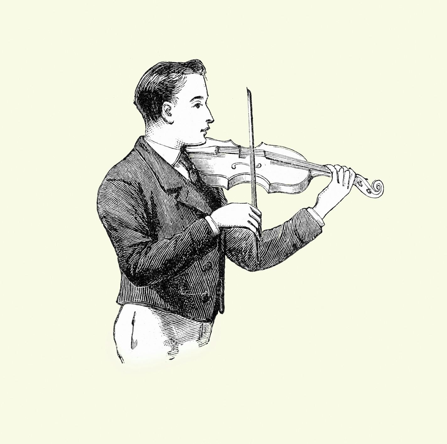 Vintage engraving of a Young Victorian boy playing the Violin 19th Century