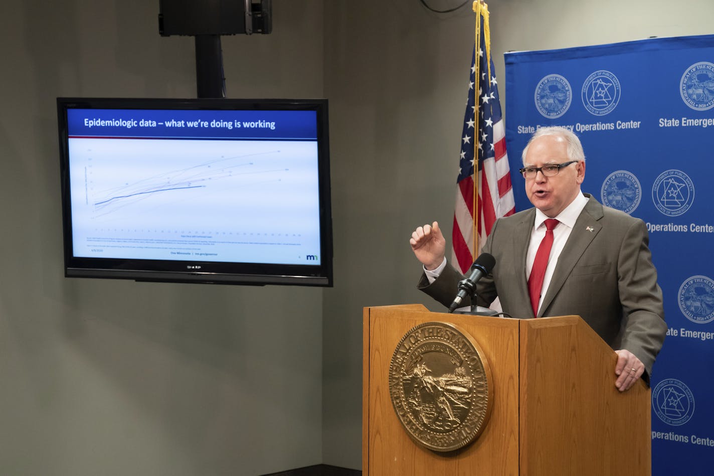 Minnesota Gov. Tim Walz provides an update on the state's next steps to respond to COVID-19 during a news conference on Wednesday, April 8, 2020 in St. Paul, Minn. Walz is extending Minnesota&#x2019;s stay-at-home order until May 4 as the number of COVID-19 deaths in the state continues to rise. The original order was scheduled to end Friday. Walz said Wednesday that the order has bought Minnesota needed time to slow the spread of the coronavirus but must continue. (Glen Stubbe/Star Tribune via