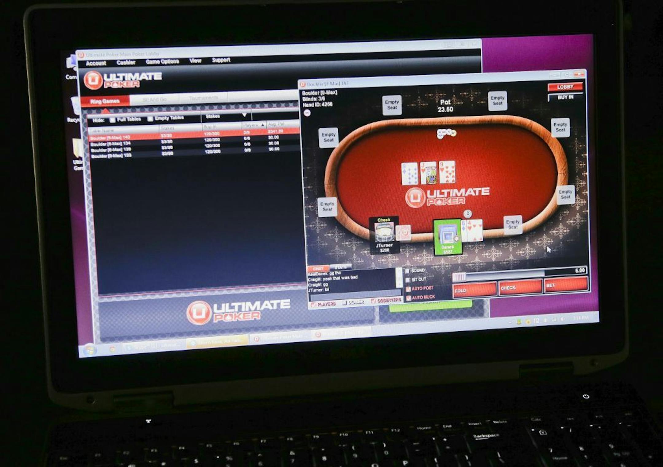 A sample poker game is played on the soon-to-be launched Ultimate Gaming website, Monday, April 29, 2013, in Las Vegas. The social gaming company is expected to launch the first legal, real-money poker site in the U.S. Tuesday morning. The Ultimate Gaming site will be available only to in players in Nevada, but likely represents the shape of things to come for gamblers across the country.
