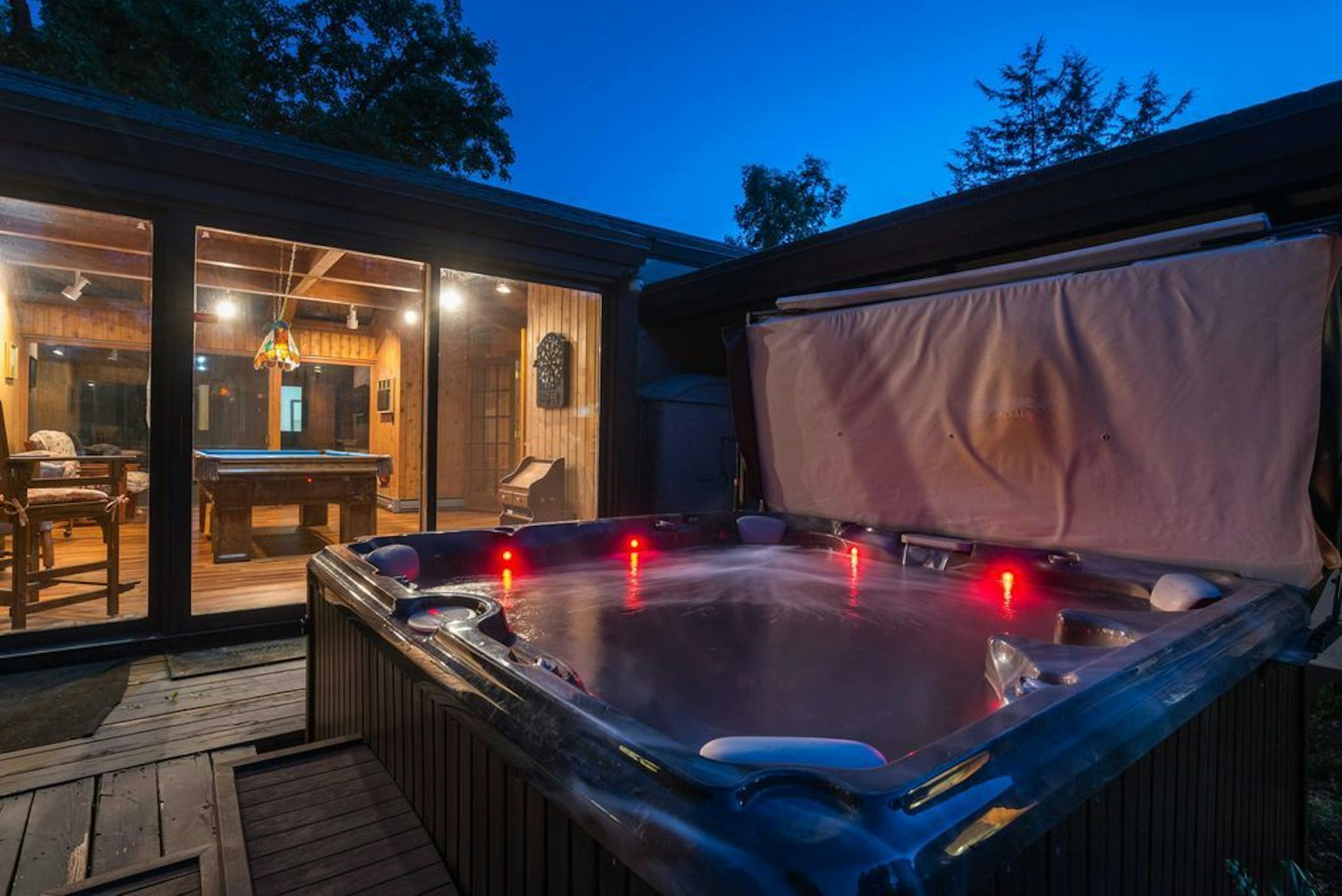 Hot tub on a deck.