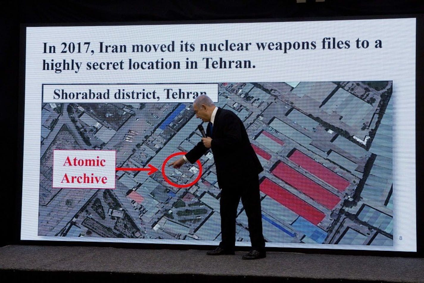 Israeli Prime Minister Benjamin Netanyahu presents material on Iranian nuclear weapons development during a press conference in Tel Aviv, Monday, April 30 2018.