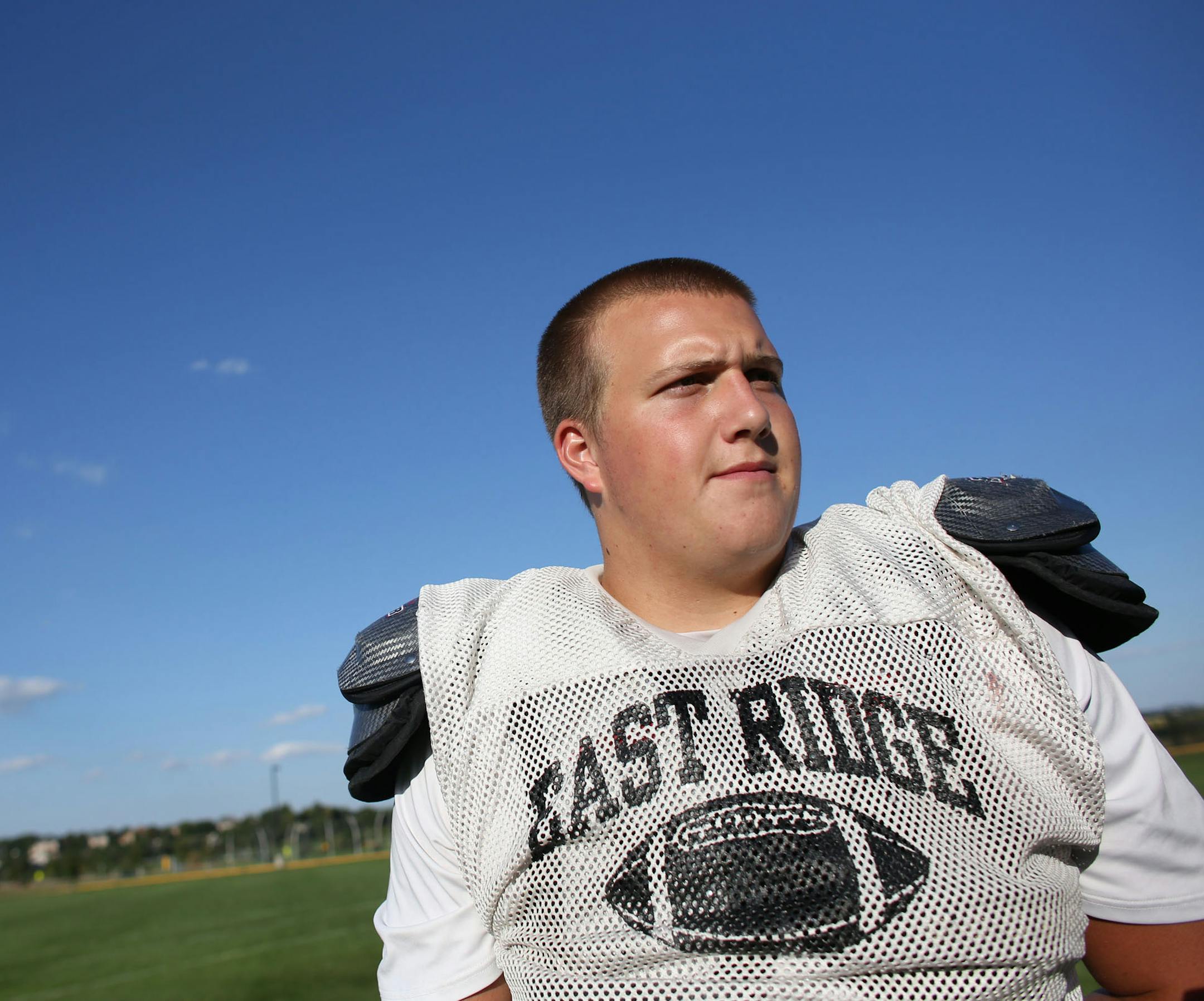 East Ridge center J.C. Hassenhauer talked about work he did to prepare him to play Division1football after practice in Woodbury, Wednesday September 11, 2013. ] (KYNDELL HARKNESS/STAR TRIBUNE) kyndell.harkness@startribune.com