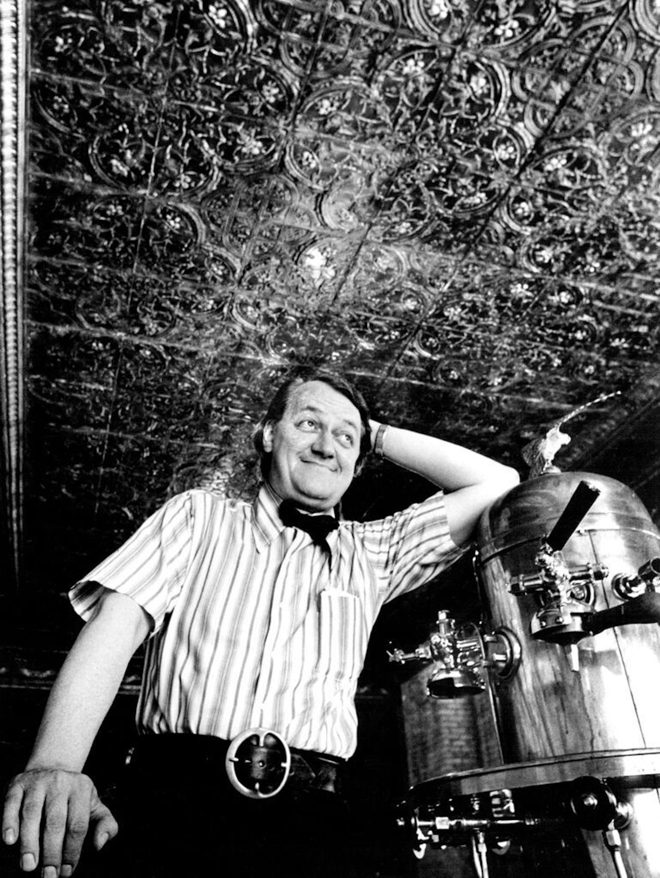 August 1971: Dudley Riggs and espresso machine at his then soon-to-open West Bank version of the Brave New Workshop.