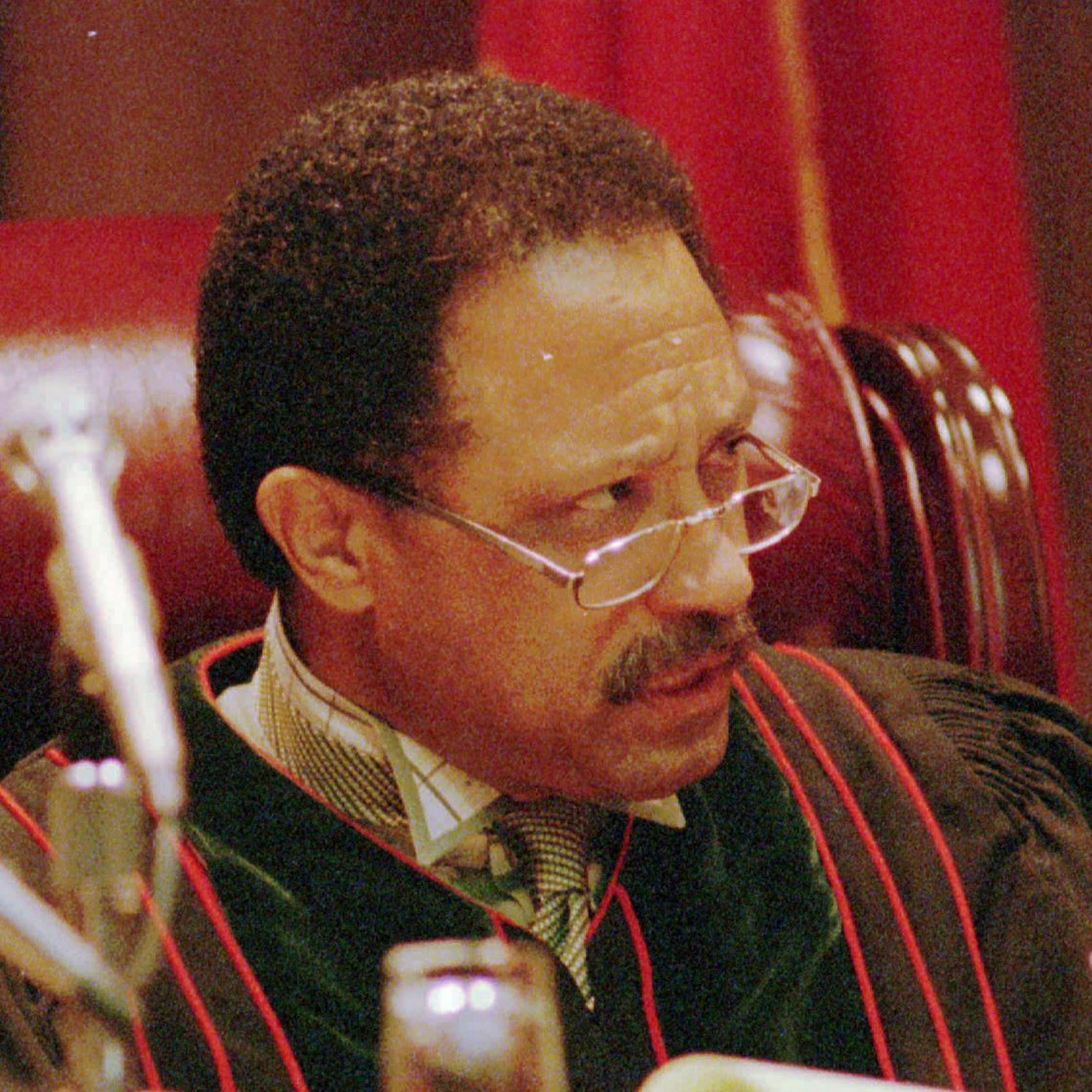 Tennessee Judge Joe Brown listens to court arguments in Memphis, Tenn., Friday, July 11, 1997, as James Earl Ray's lawyers reported on results of test firings of the rifle allegedly used to kill Martin Luther King, Jr. Results were inconclusive and Brown said that more tests may be needed. (AP Photo/John L. Focht) ORG XMIT: MX104