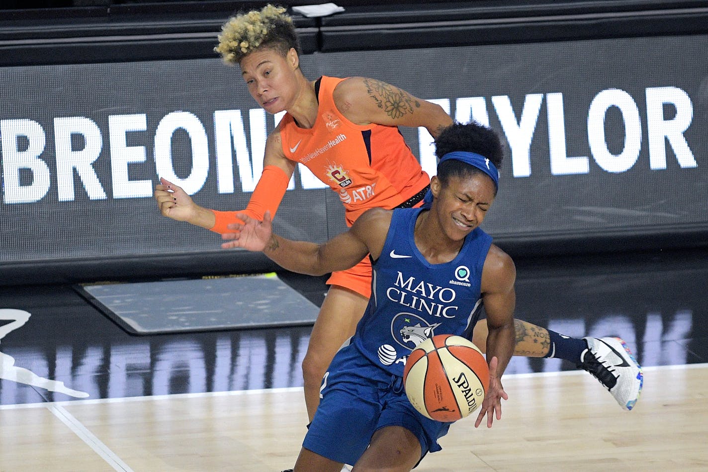 Lynx guard Crystal Dangerfield reacted after being fouled by Connecticut guard Natisha Hiedeman during Sunday's season-opening victory, where Dangerfield played all of the fourth quarter.