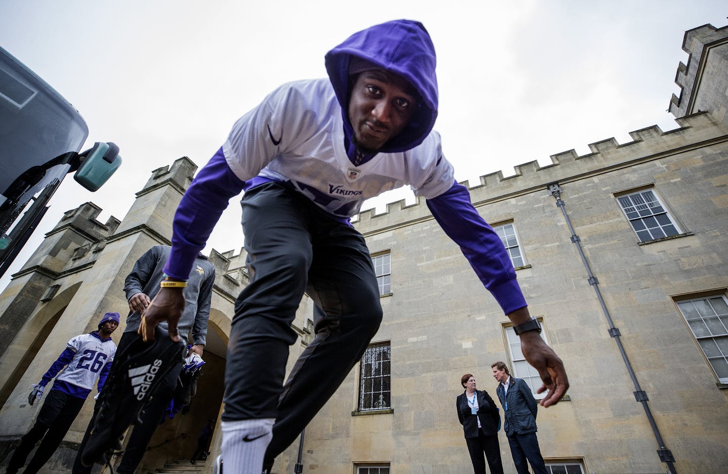 Minnesota Vikings defensive back Xavier Rhodes (29) got off the team bus and walked to the practice field at Syon House outside of London in preparation for a game vs. the Cleveland Browns. ] CARLOS GONZALEZ &#xef; cgonzalez@startribune.com - October 26, 2017, London, England, UK, NFL, Minnesota Vikings vs. Cleveland Browns, Practice at Syon House