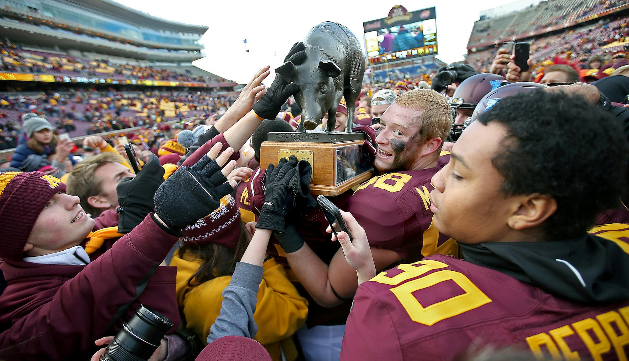Minnesota's tight end Maxx Williams (88), center, celebrated with the "Floyd of Rosedale," trophy after the Gophers defeated the Iowa Hawkeyes 51-14, Saturday, November 8, 2014 at TCF Stadium in Minneapolis, MN. ] (ELIZABETH FLORES/STAR TRIBUNE) ELIZABETH FLORES &#x2022; eflores@startribune.com ORG XMIT: MIN1411081621520071