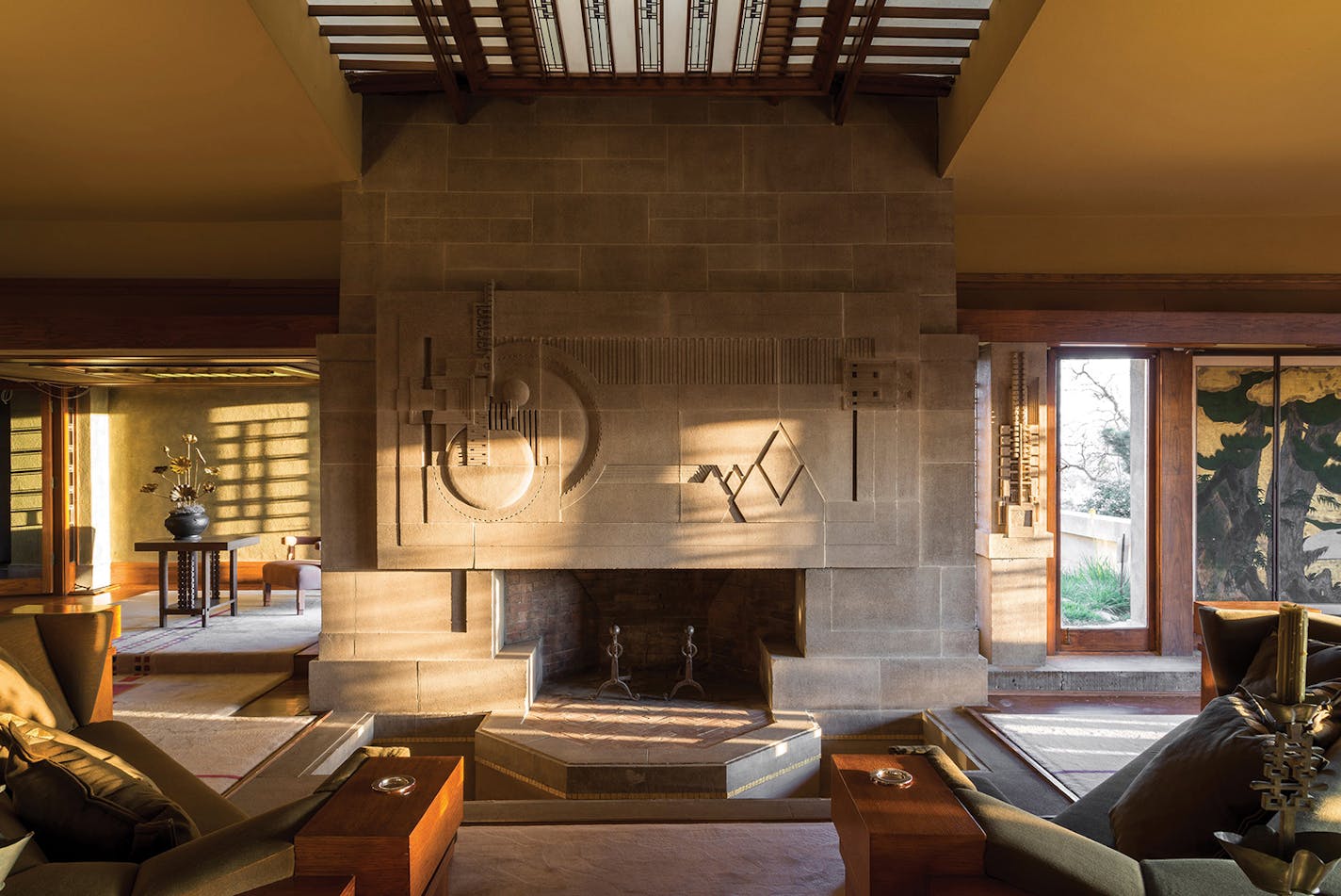 The interior of the Hollyhock House, in Los Angeles, designed by Frank Lloyd Wright and completed in 1921.