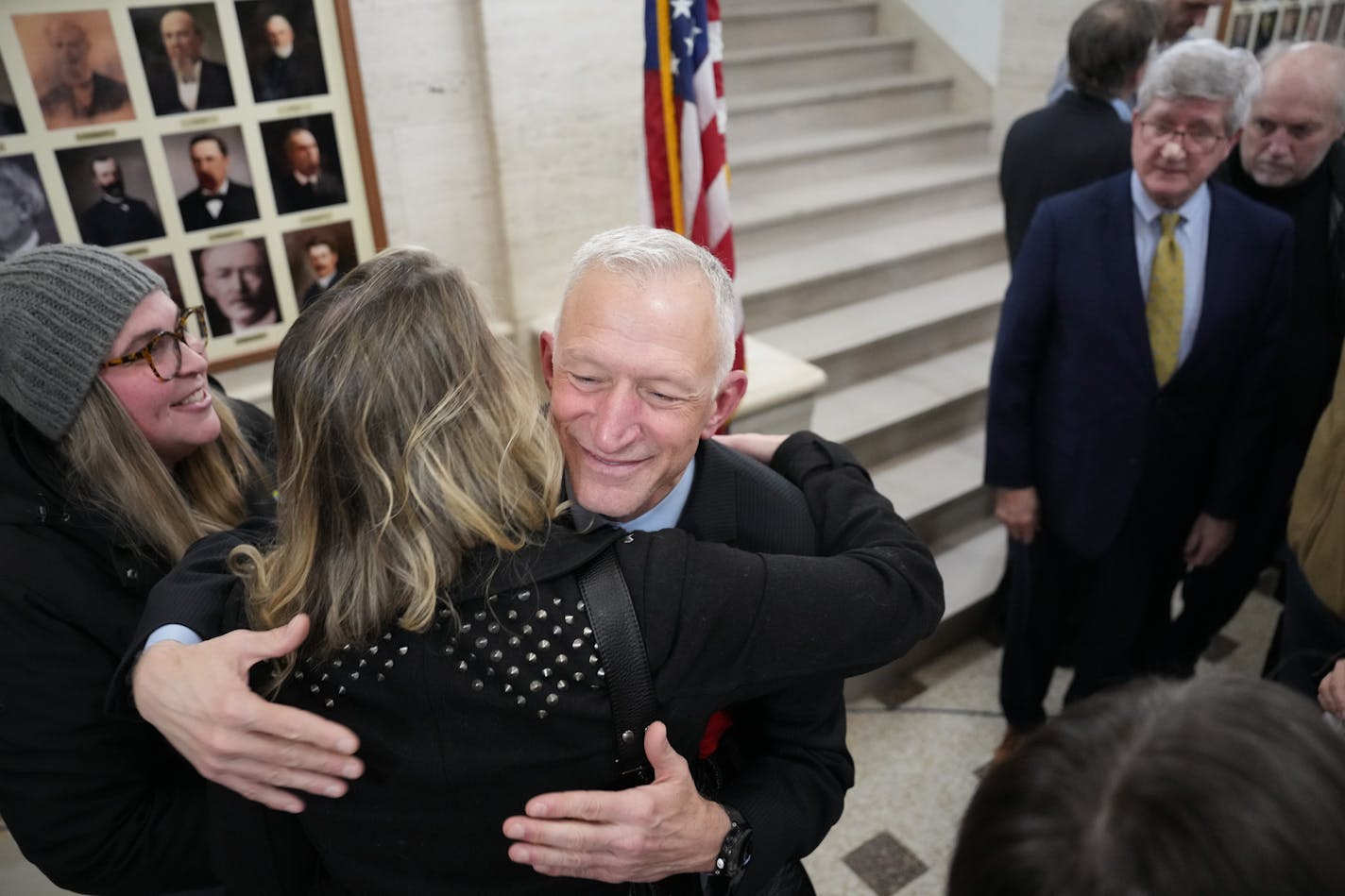 Roger Reinert greeted suporters aster being sworn in as mayor of Duluth at a City Hall ceremony Tuesday, Jan. 2, 2024 Duluth, Minn. ] GLEN STUBBE • glen.stubbe@startribune.com