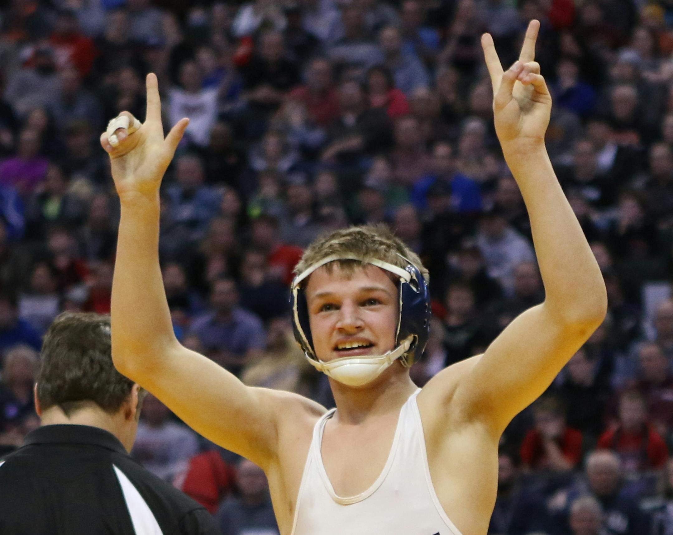 Peyton Robb 120 lb from Owatonna wins another state wrestling title in the 2016 MSHSL Wrestling finals on Feb. 27 at the Xcel Energy Center in St. Paul, Minn. ] Special to Star Tribune MATT BLEWETT ï matt@mattebphoto.com - February 27, 2016, St. Paul, MN, MSHSL Wrestling, 655774 PREP022816