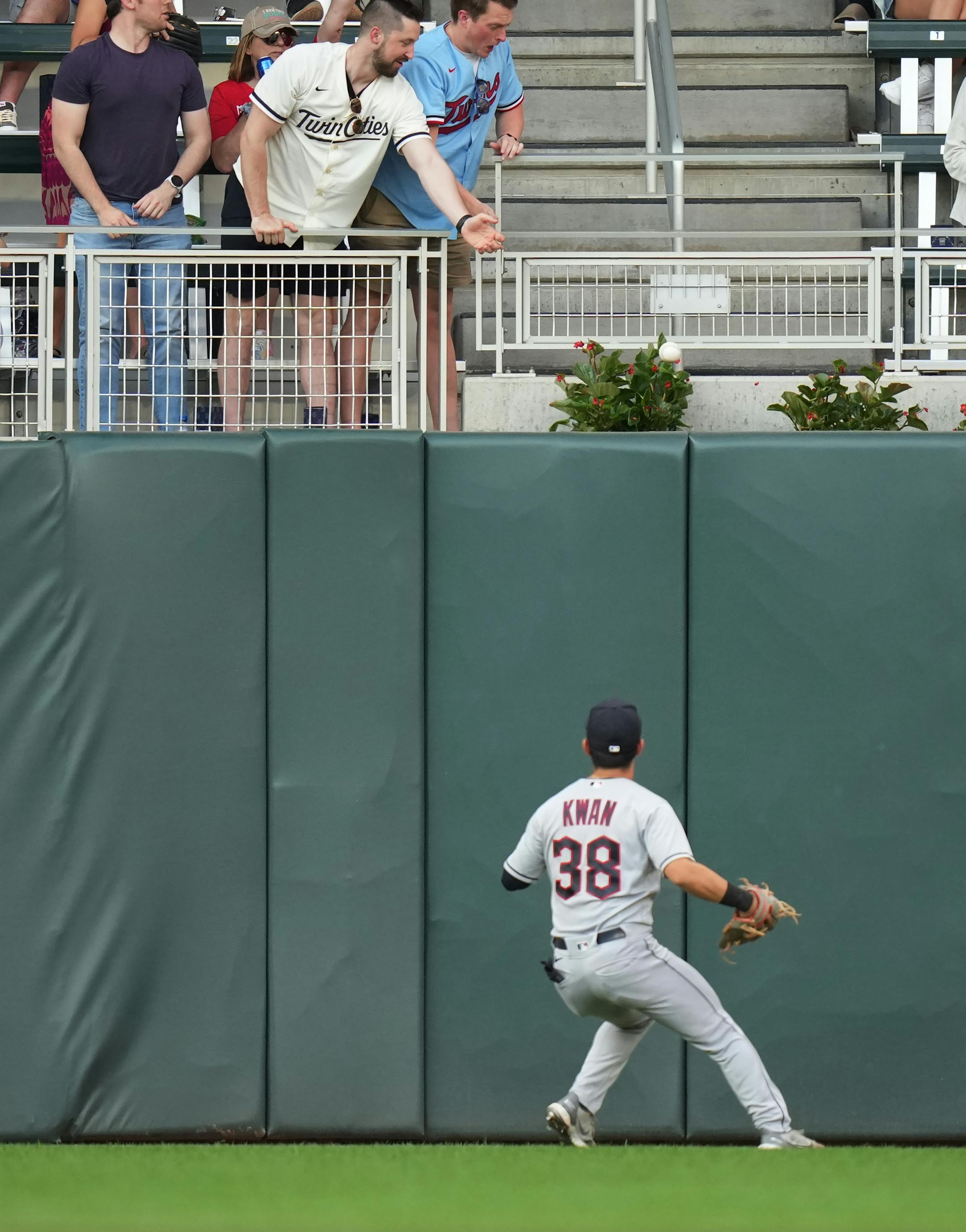 Minnesota Twins center fielder Michael A. Taylor (2) homers in the 5th inning as Cleveland Guardians left fielder Steven Kwan (38) watches the ball clear the wall in Minneapolis, Minn., on Thursday, June 1, 2023.