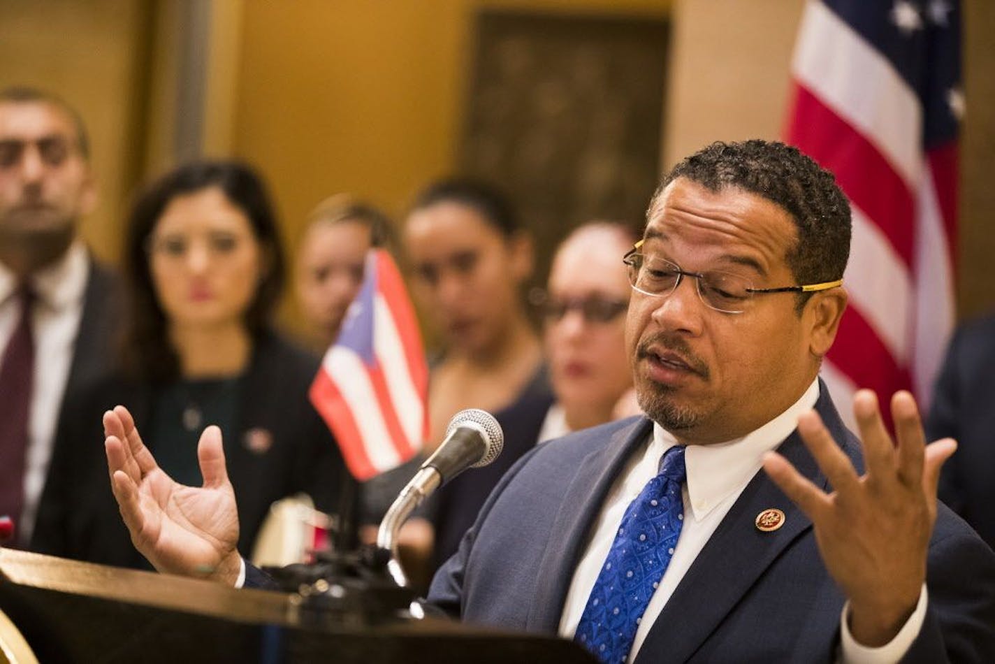 Congressman Keith Ellison speaks during the press conference.