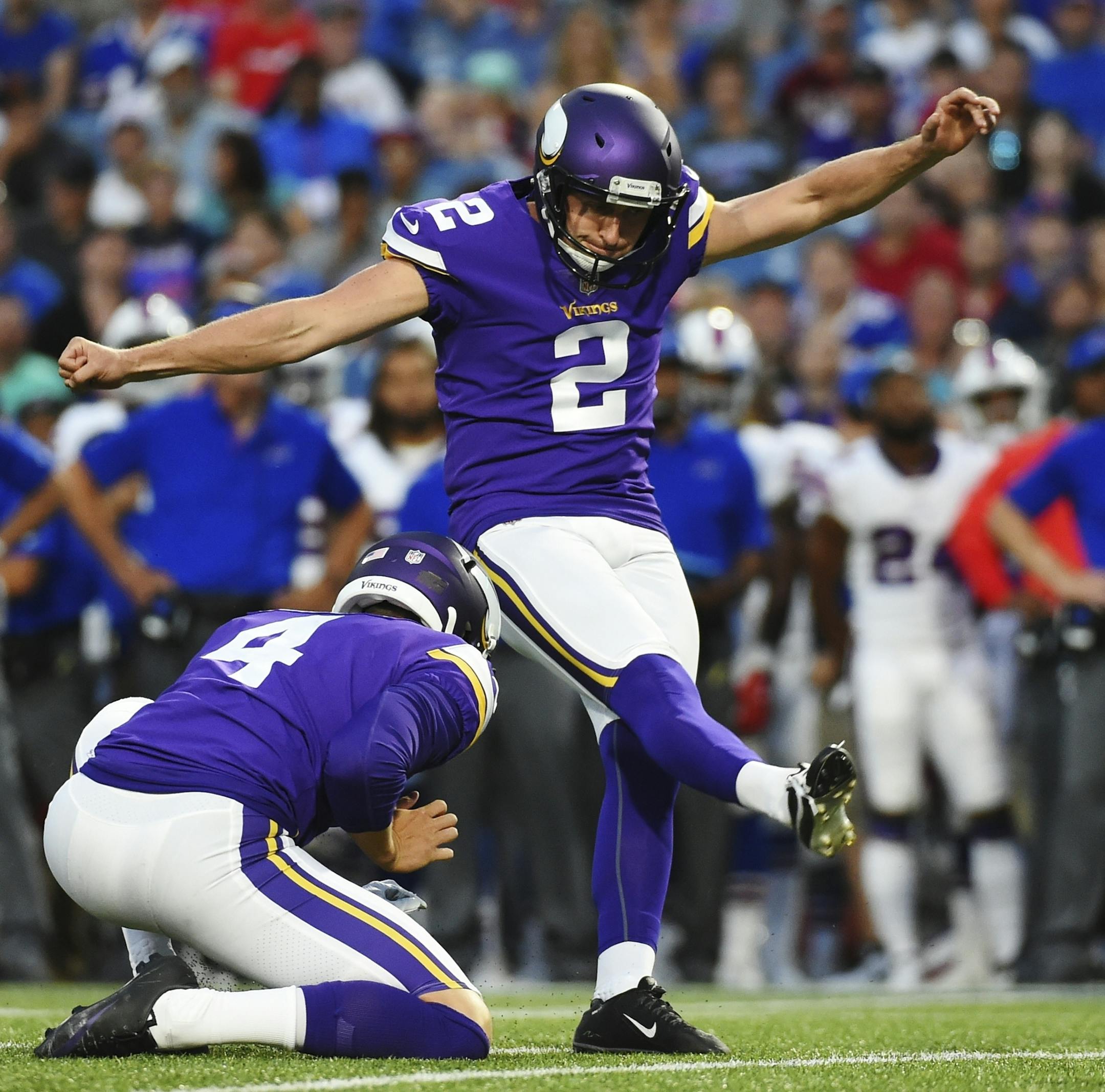 Minnesota Vikings kicker Kai Forbath (2) kicks a field goal during the first half of a preseason NFL football game against the Buffalo Bills Thursday, Aug. 10, 2017, in Orchard Park, N.Y. (AP Photo/Rich Barnes)