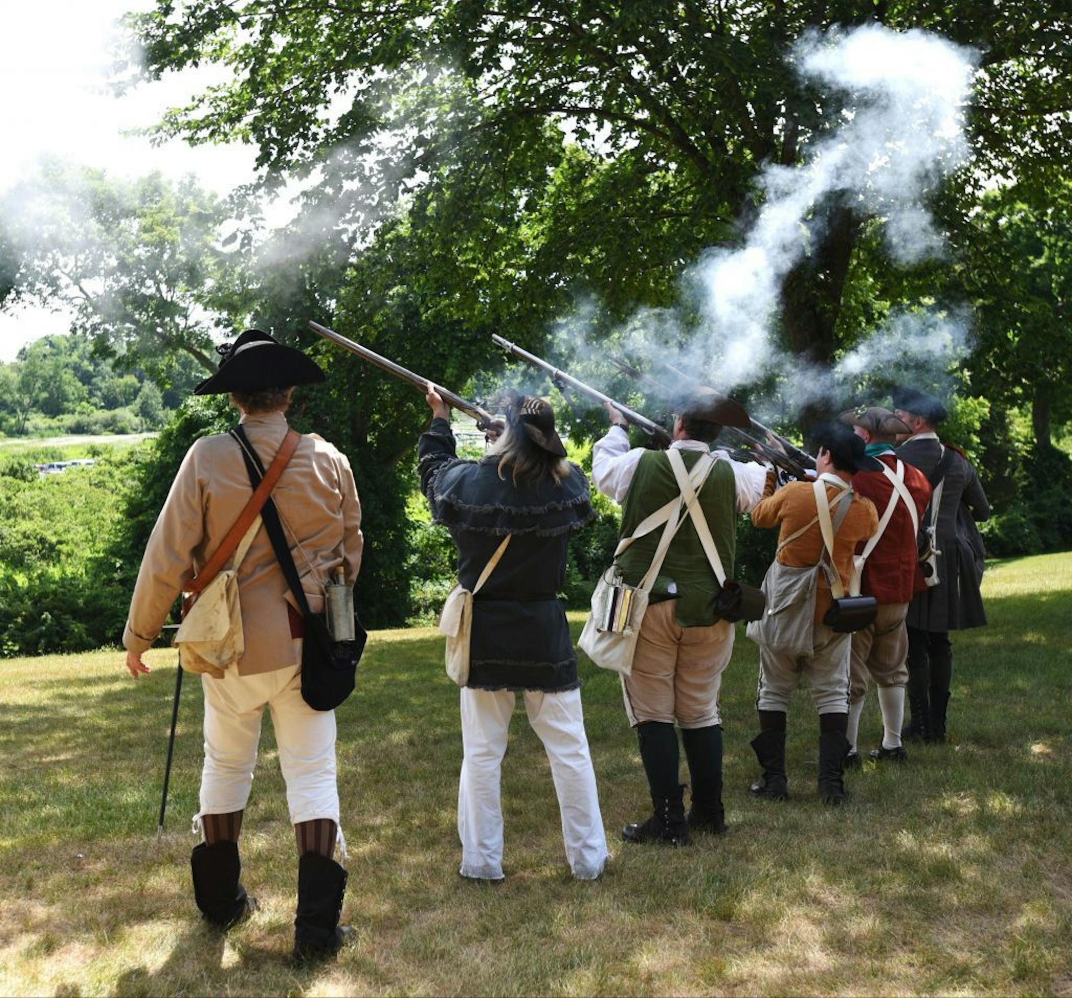 The reading of the Declaration of Independence at Ringwood Manor as the militia fires off their muskets to celebrate their independence in Ringwood, N.J., Monday, July 4, 2016.