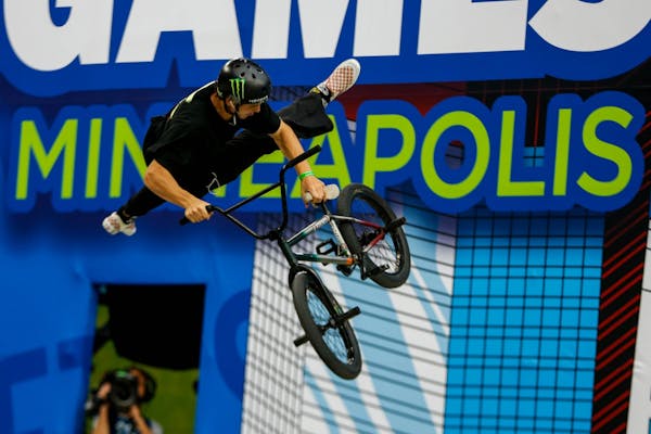 Lewis Mills competes in the BMX Street competition at the X Games at U.S. Bank Stadium Saturday, August 3, 2019.